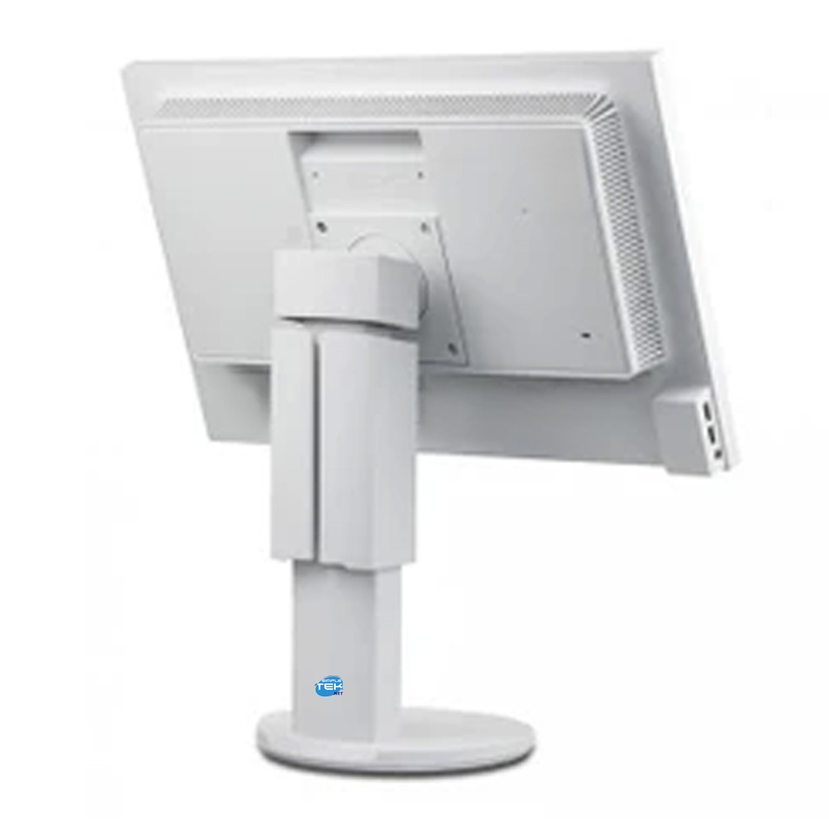 Vista posteriore di un monitor per computer bianco su supporto regolabile, sfondo bianco.