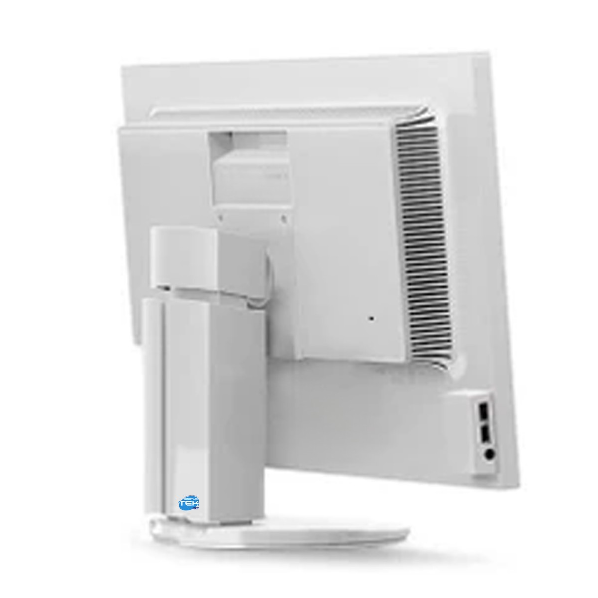 Vista posteriore di un monitor per computer bianco con supporto su sfondo bianco.