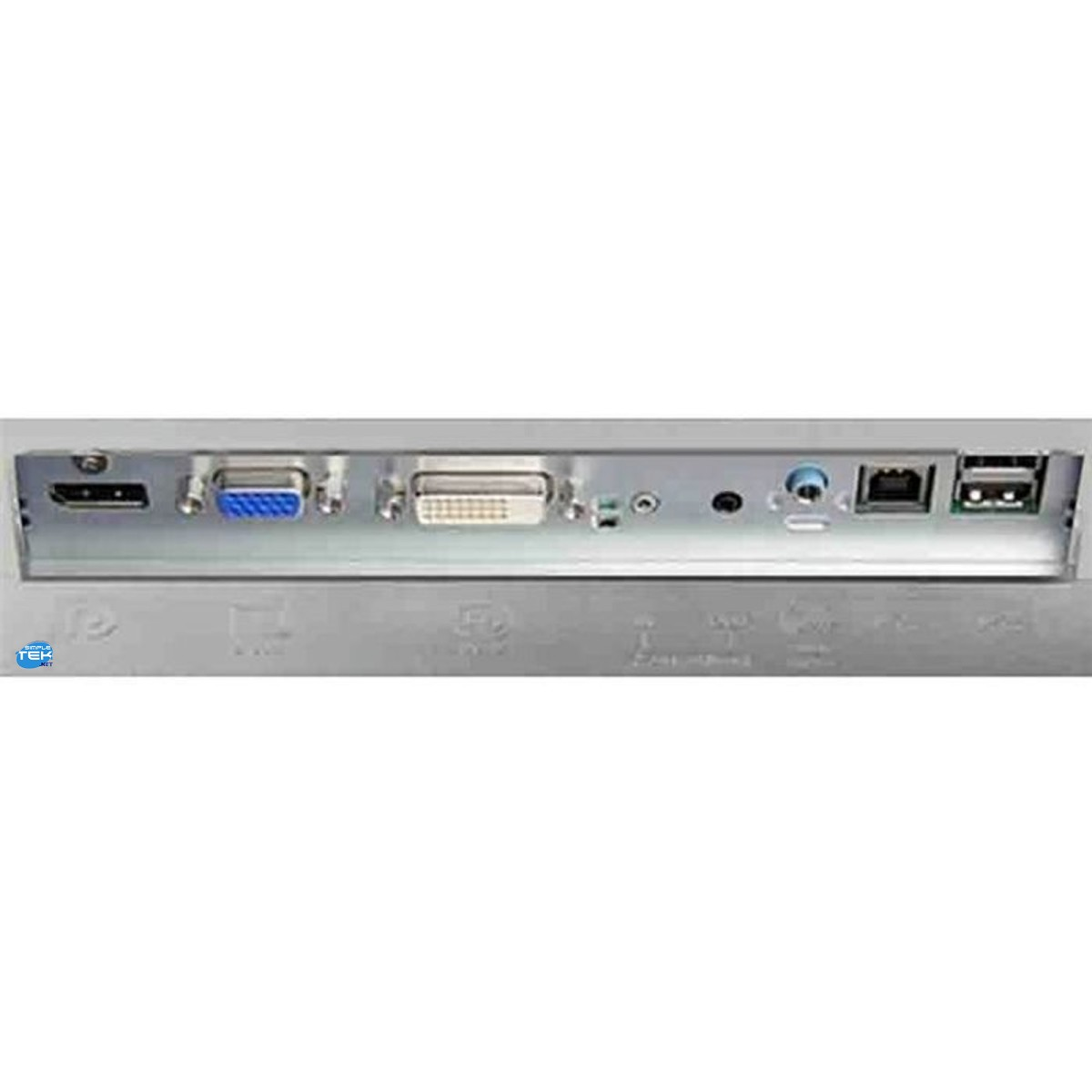 Pannello posteriore di un monitor con varie porte tra cui HDMI, VGA, DVI, audio e connessioni USB.