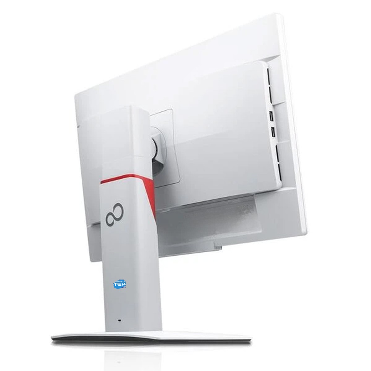 Rückansicht eines weißen Monitors mit ergonomischem Standfuß und rotem Akzent.