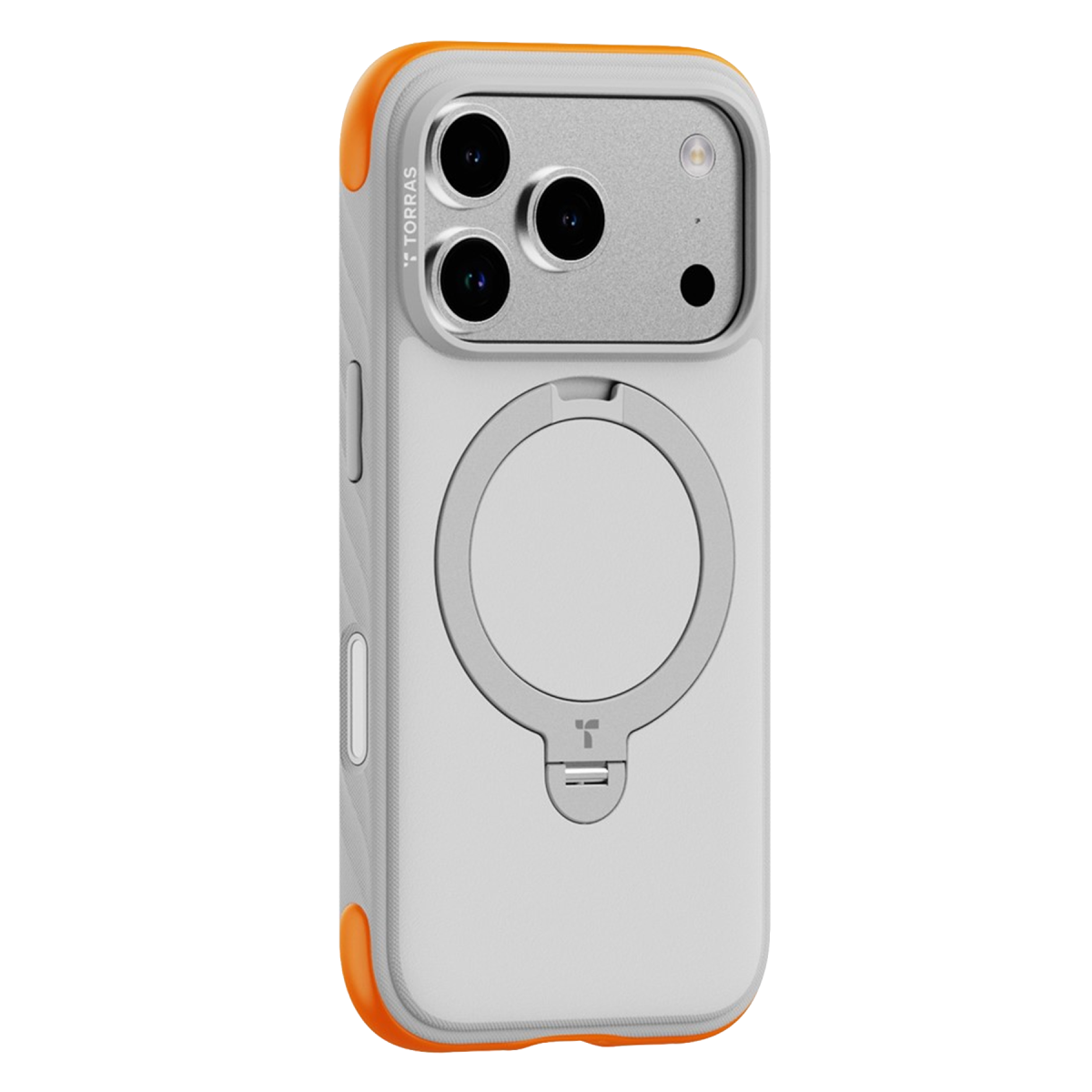 Turuncu detaylı, üçlü kamera çıkıntılı ve entegre MagSafe halkalı gri akıllı telefon kılıfı.