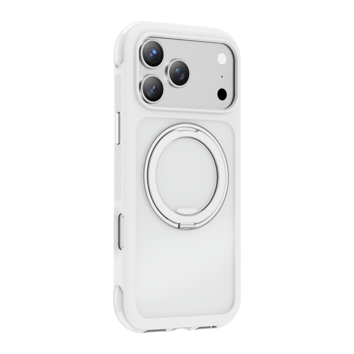Siyah arka planda entegre MagSafe halkalı ve kamera kesikli beyaz bir akıllı telefon kılıfı.