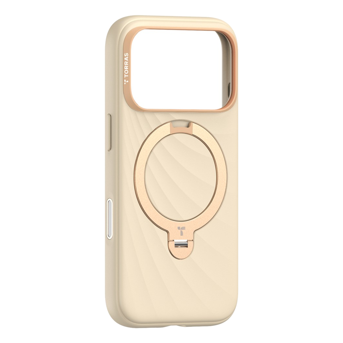 Pembe altın halka standlı ve uyumlu kamera çerçeveli bej akıllı telefon kılıfı.
