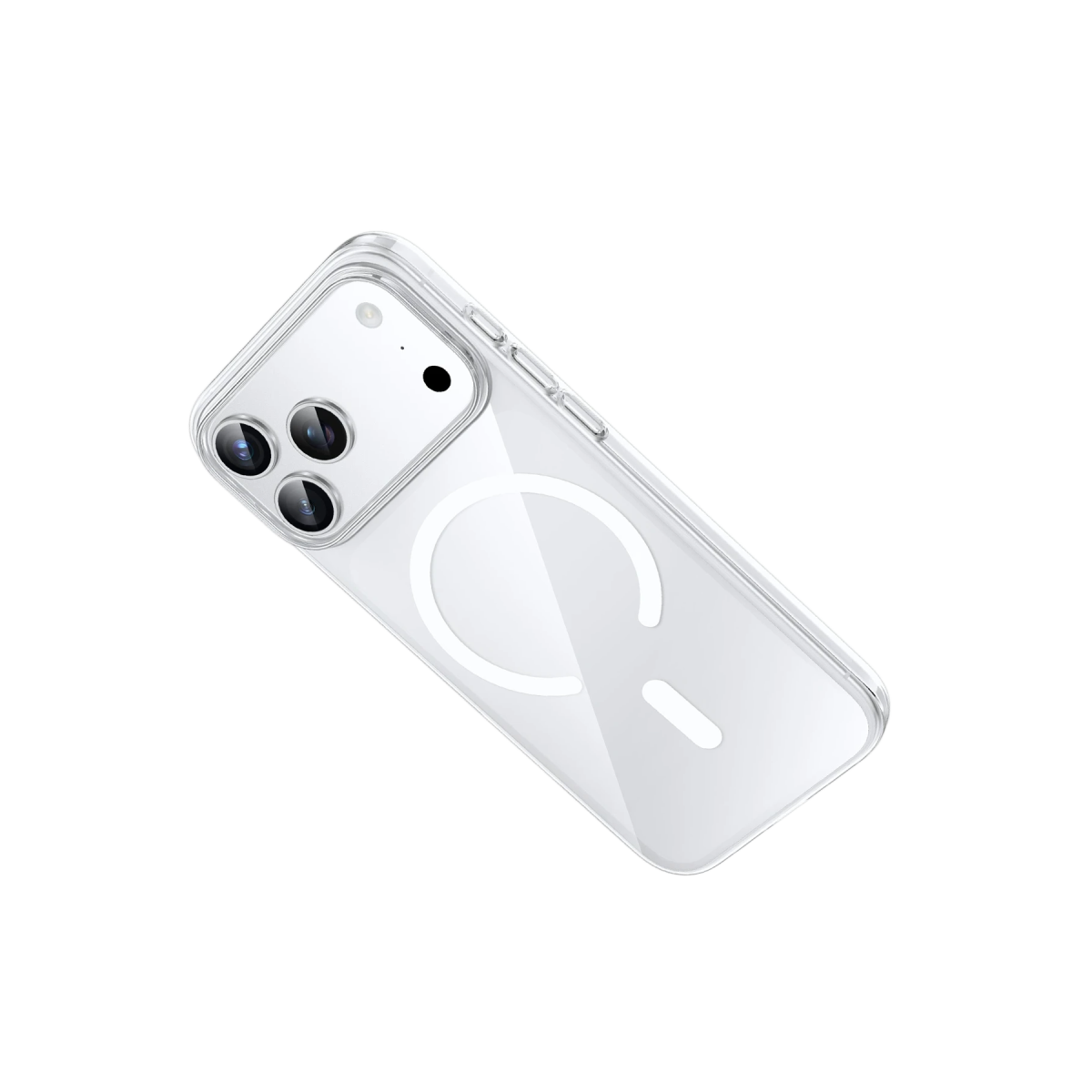 Siyah arka planda MagSafe halkalı ve üçlü kameralı şeffaf telefon kılıfı.