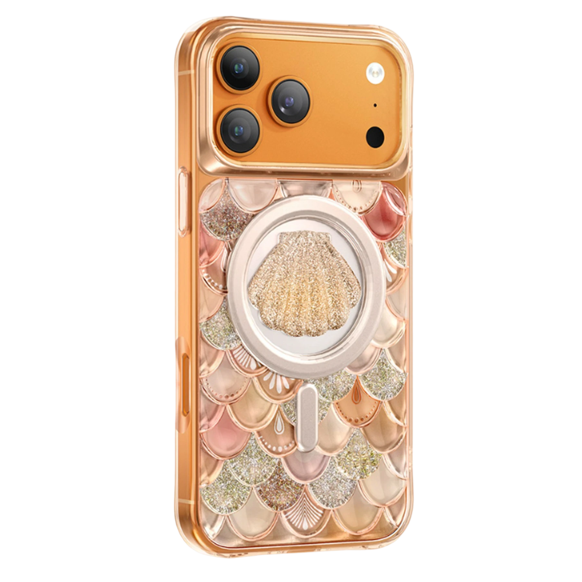 Parlament rose gold kılıf içinde, deniz kızı pul desenli ve ortasında sedefli kabuk yüzük tutuculu akıllı telefon.