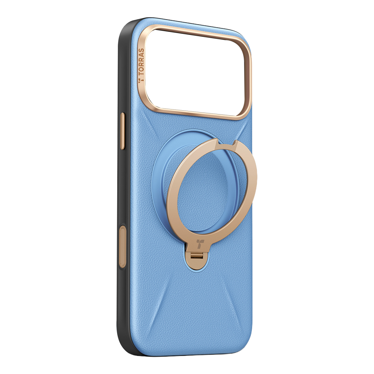 Siyah arka plan üzerinde entegre pembe altın halka standı ve kamera çerçevesi olan mavi telefon kılıfı.