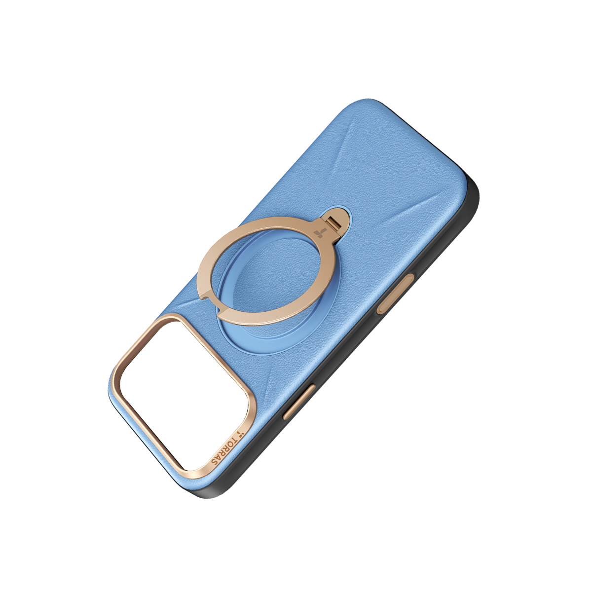 Siyah arka plan üzerinde entegre pembe altın halka standı ve kamera çerçevesine sahip mavi telefon kılıfı.