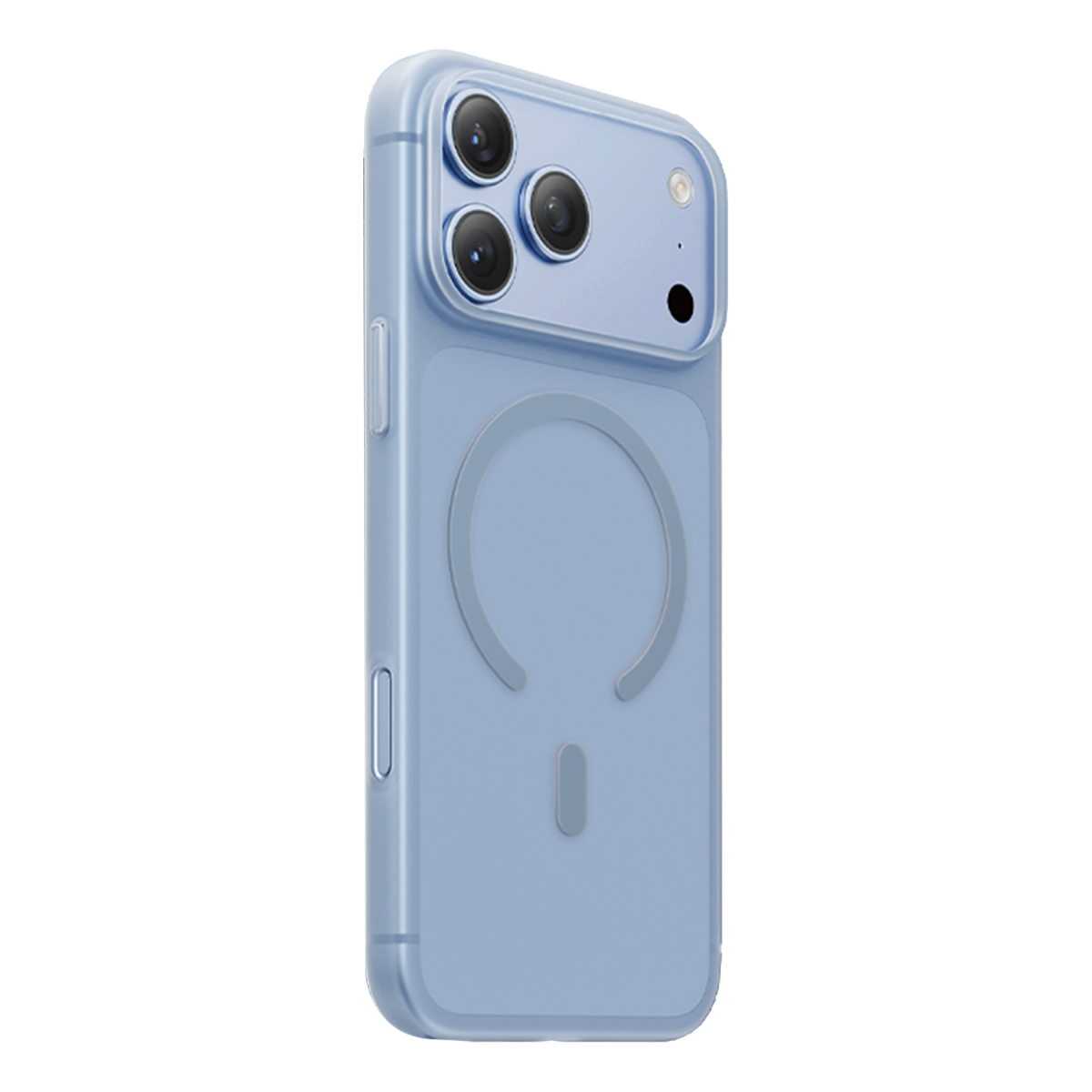 Siyah arka planda MagSafe halkası ve kamera kesimi olan mavi akıllı telefon kılıfı.