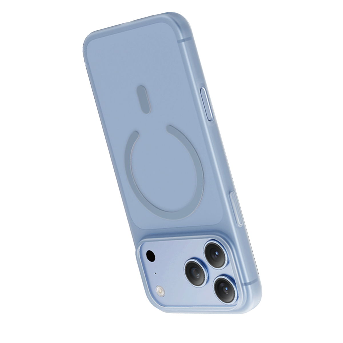 Uyumlu kılıflı açık mavi akıllı telefon, arka kameraları ve MagSafe halkasını gösterecek şekilde eğimli.
