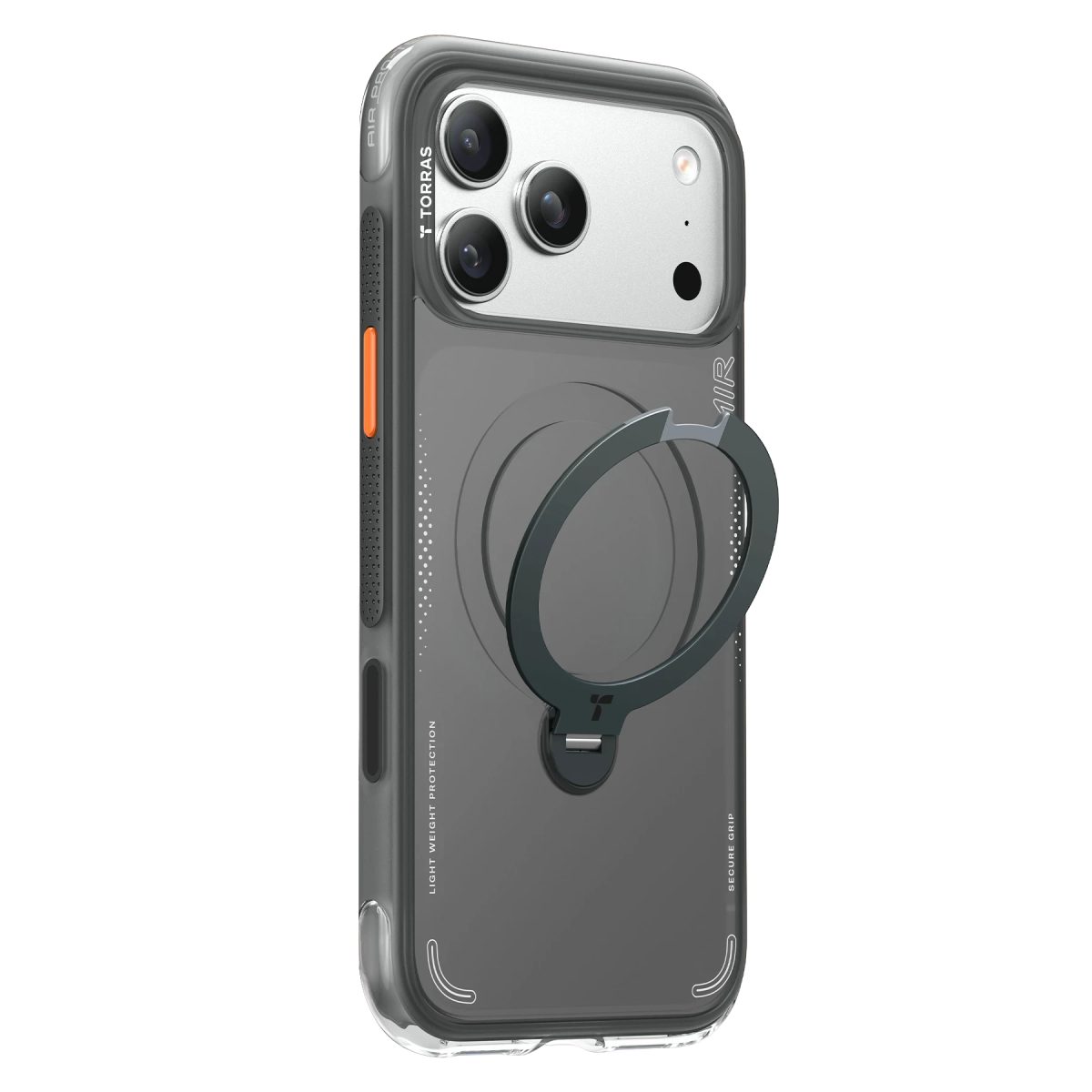 Siyah arka plan üzerinde entegre yuvarlak ayaklığa ve kamera modülüne sahip koruyucu kılıflı gri akıllı telefon.