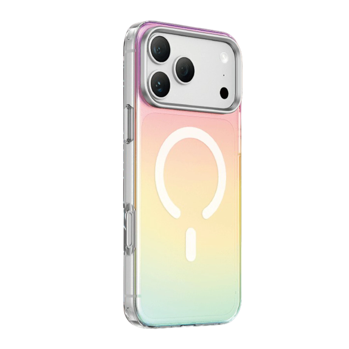 Arkasında beyaz MagSafe halkası olan pastel geçişli kılıf içindeki akıllı telefon, siyah arka planda.