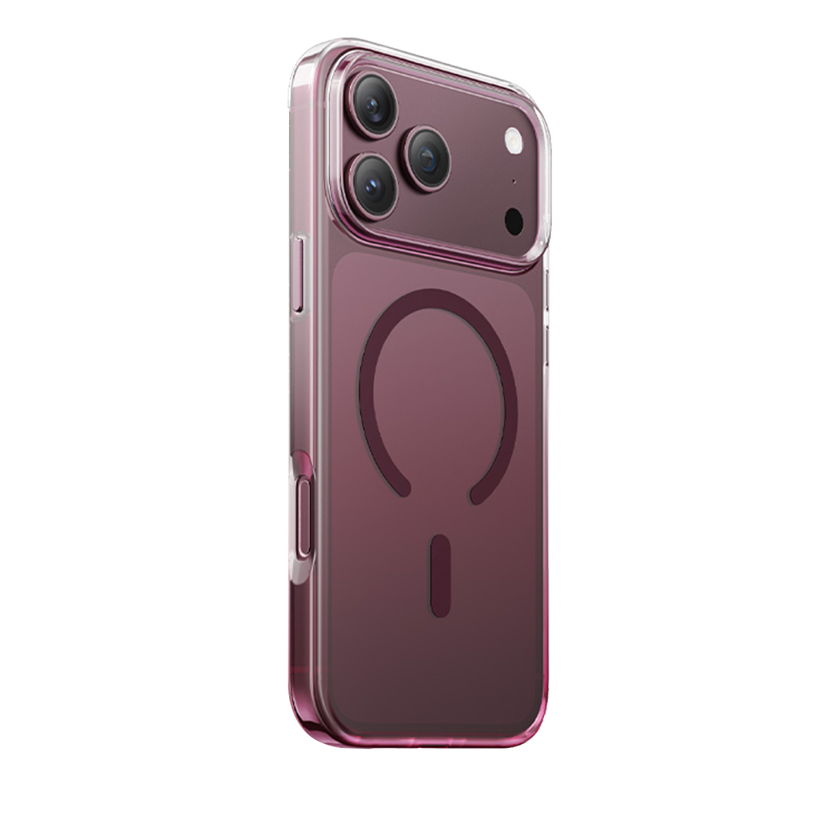 Arkada üçlü kamera ve şarj halkası bulunan pembe şeffaf kılıflı bir akıllı telefon.