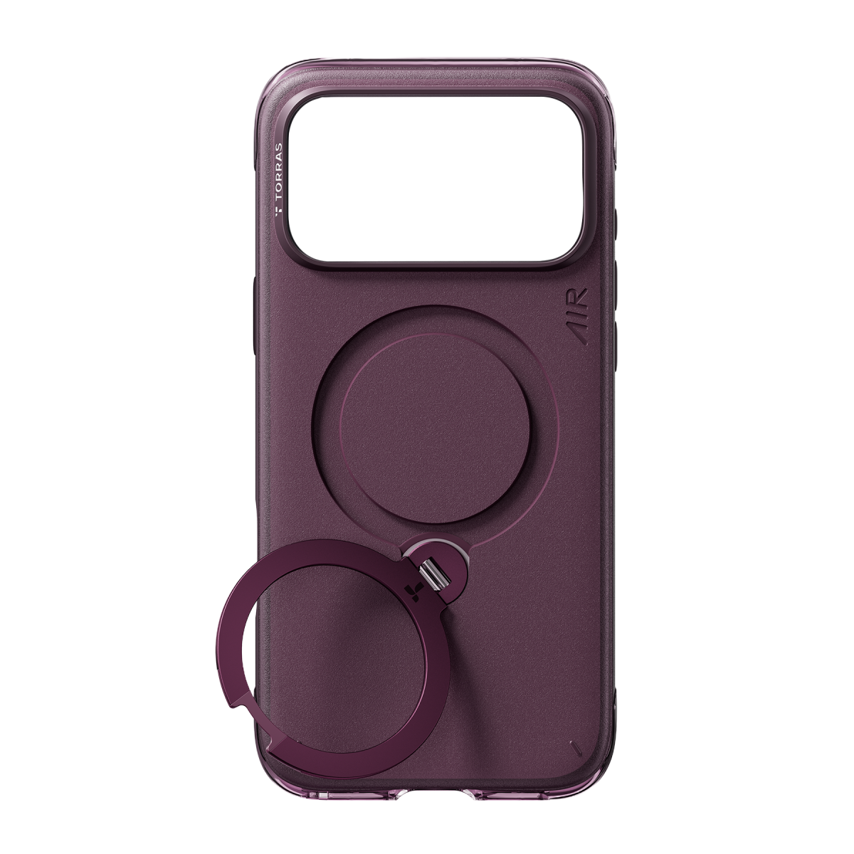 Siyah arka plan üzerinde alt kısmında entegre dairesel stand bulunan koyu mor akıllı telefon kılıfı.