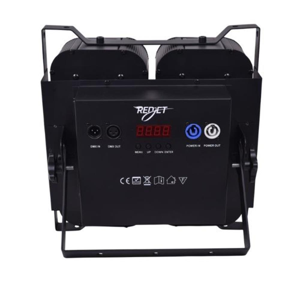 DMX portlu, dijital ekranlı ve çift montaj braketli siyah LED sahne ışığı.