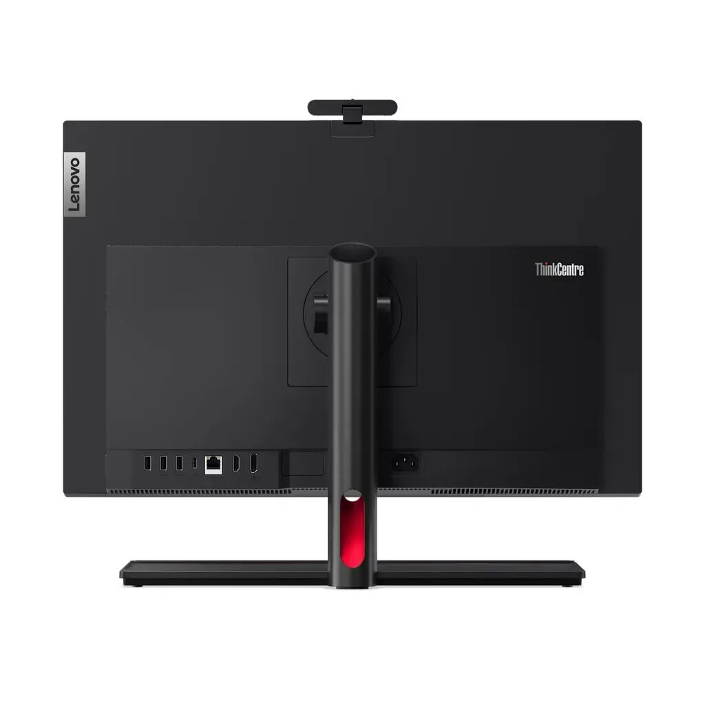 Standı ve web kamerası olan siyah bir Lenovo ThinkCentre hepsi bir arada bilgisayarın arka görünümü.