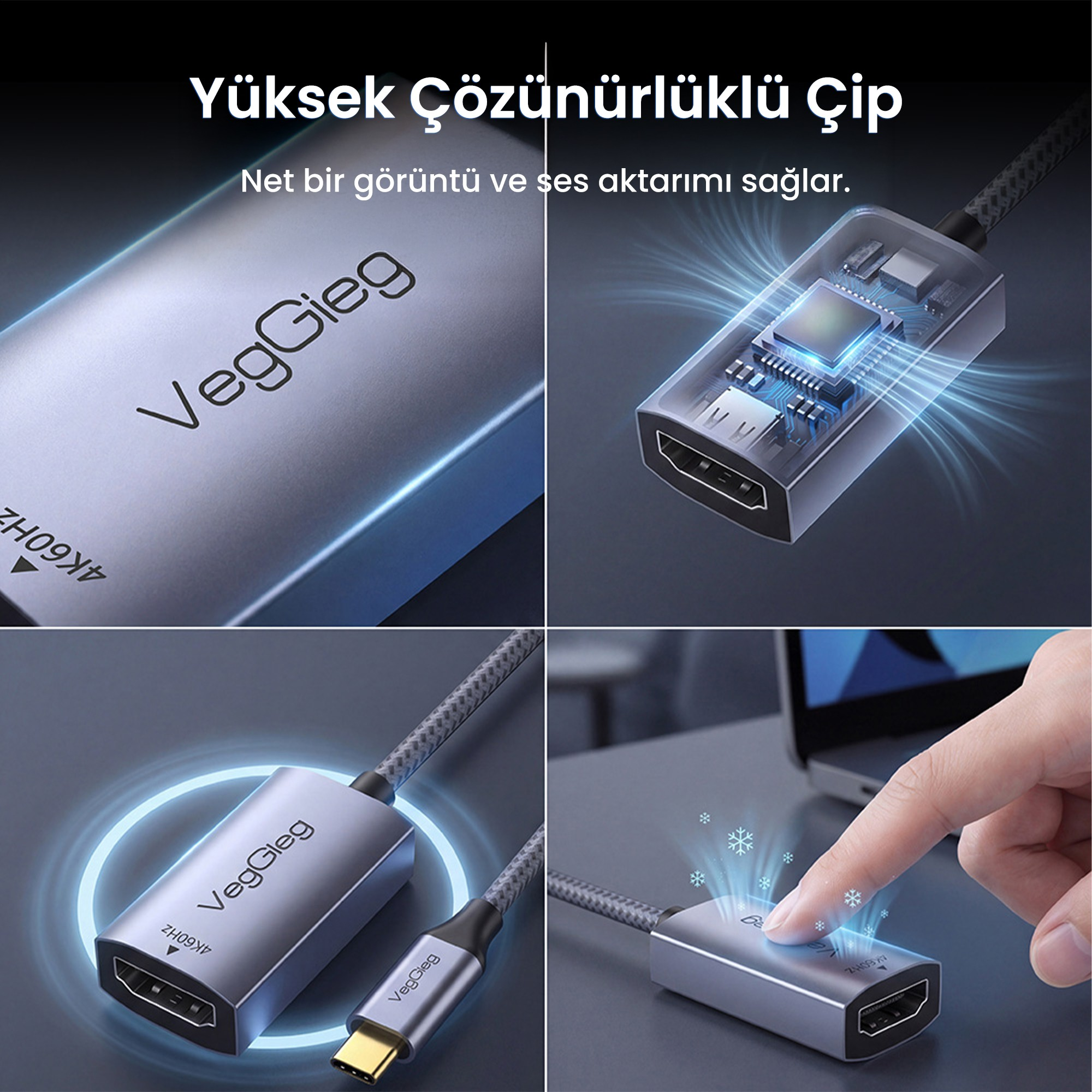 Dört panelde VegGieg yüksek çözünürlüklü çip adaptörü, iç bileşenler, parlayan konnektör ve parmak gösteriliyor.