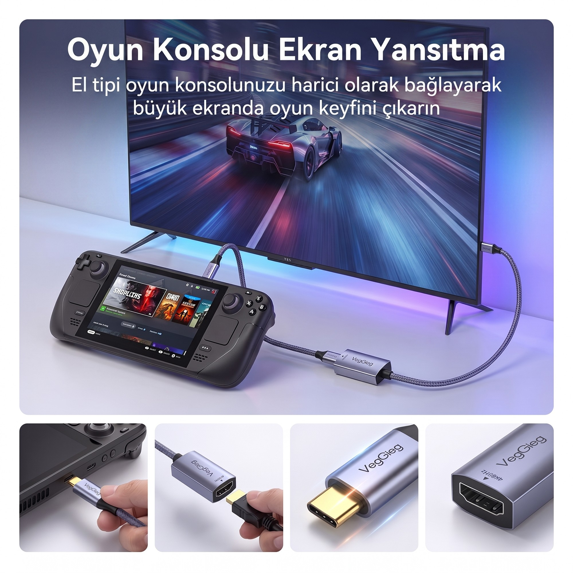 Adaptör kablosu kullanılarak yarış oyunu sahnesi gösteren bir TV'ye bağlı el konsolu.