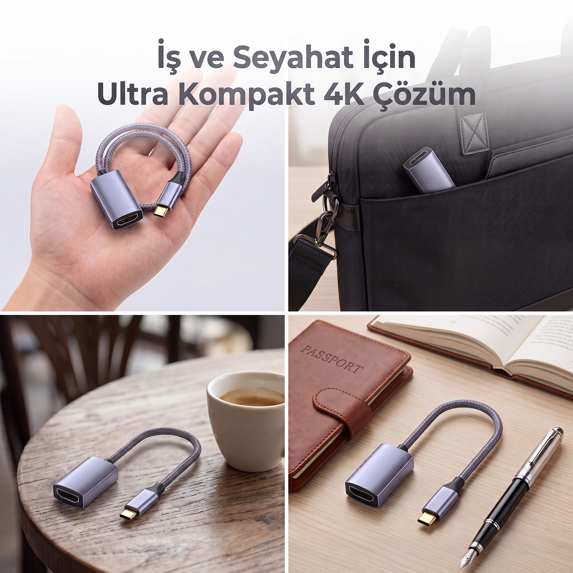 Elde, çantada, masada ve pasaport yanında gri bir USB-C - HDMI adaptörünün gösterildiği dört farklı sahne.