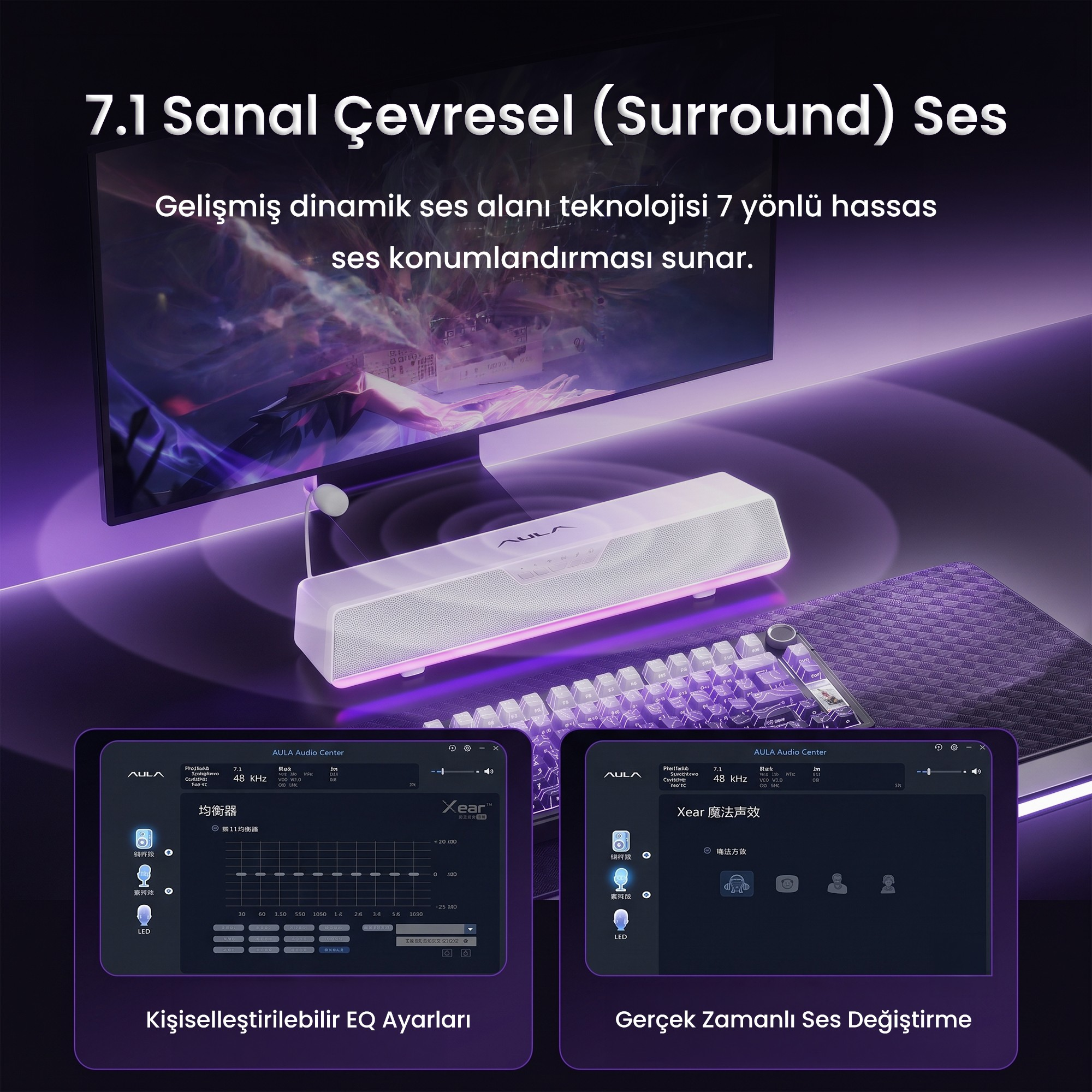 Mor ışıklı beyaz bir soundbar, bir monitörün altında ve EQ ayarlarını gösteren yazılım arayüzleriyle birlikte.
