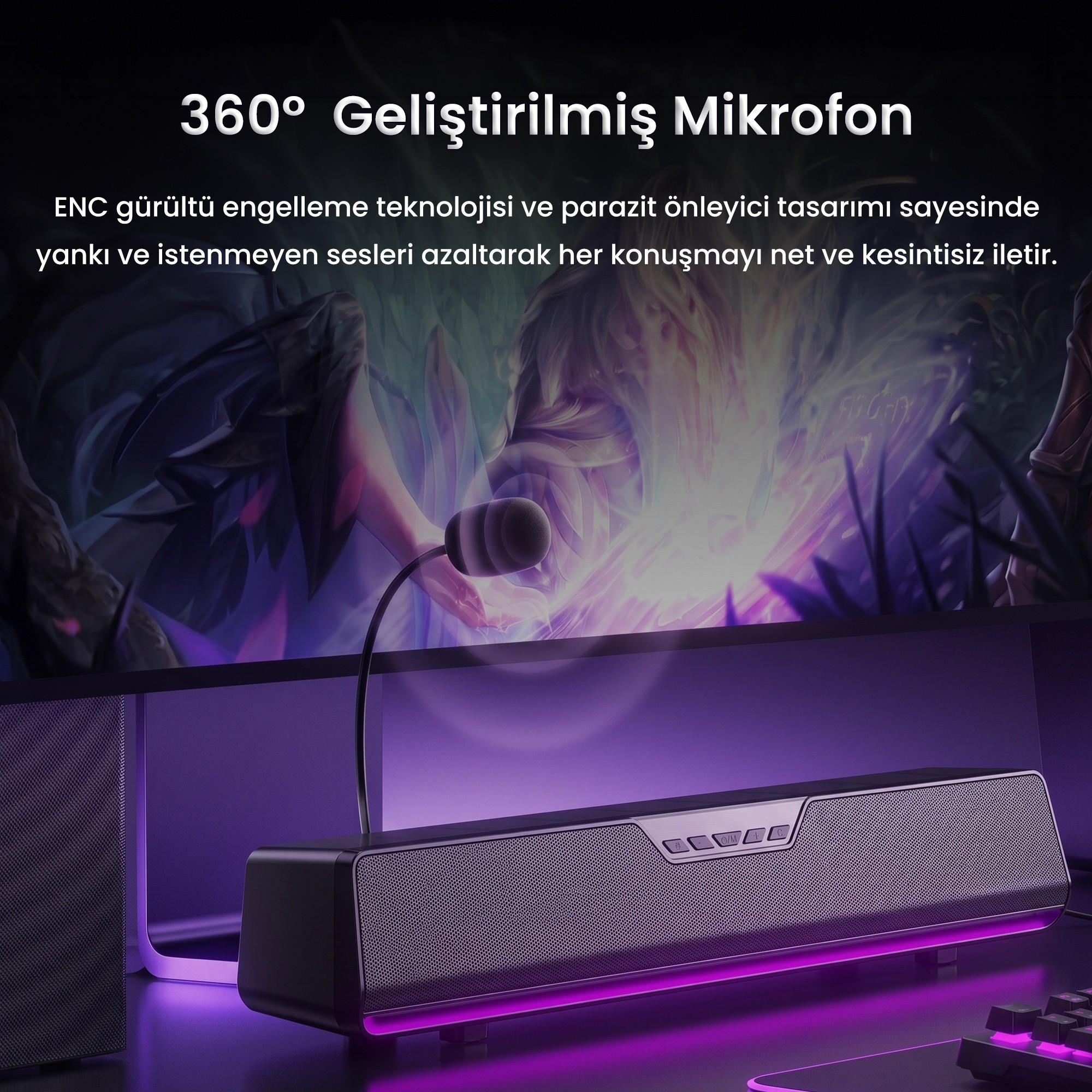Mor LED aydınlatmalı ve mikrofonlu bir ses çubuğu, parlayan bir anime sahnesi gösteren monitörün altında duruyor.