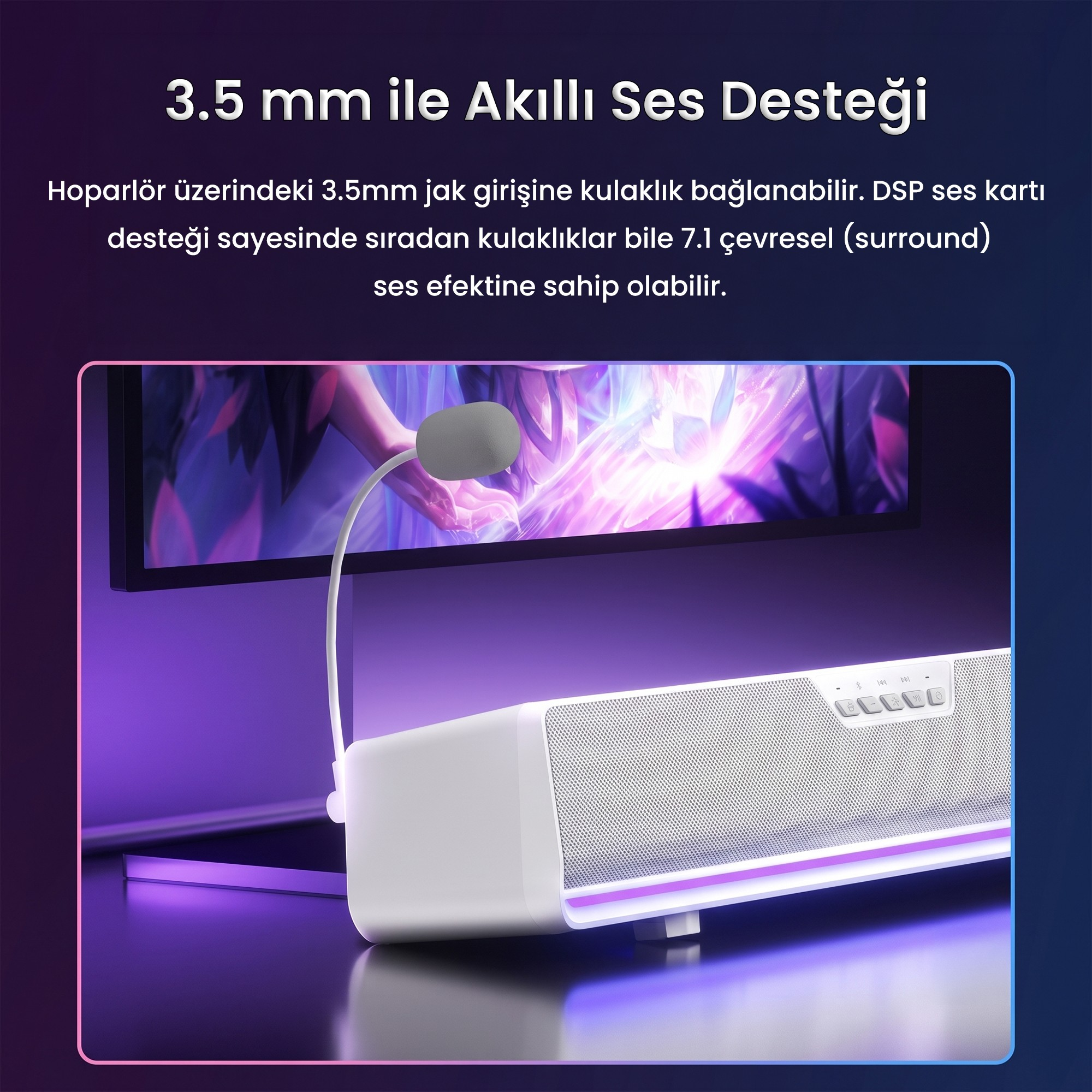 Renkli ekran önünde mikrofonlu ve RGB aydınlatmalı beyaz soundbar, üstte metin.