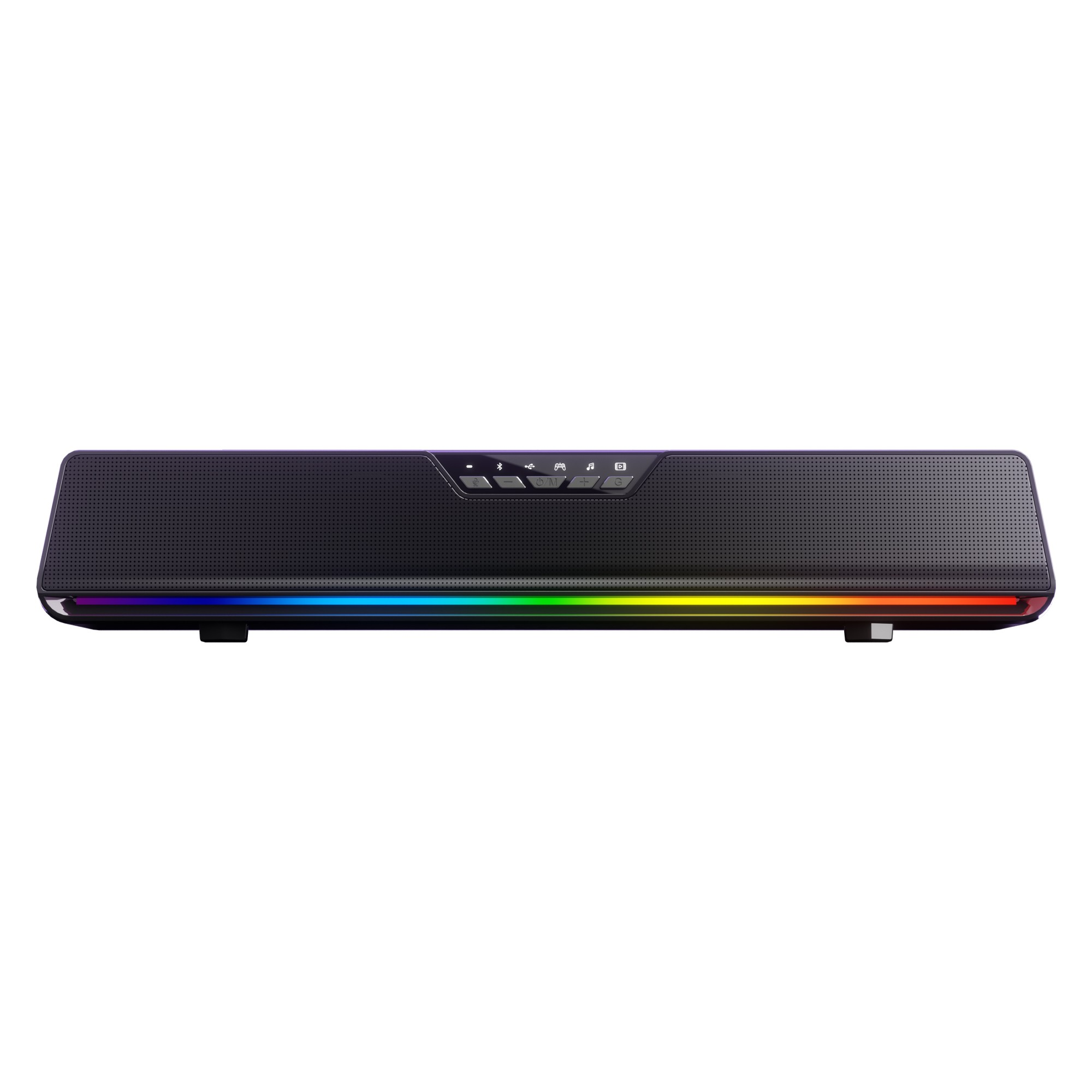 Önü ızgaralı, kontrol tuşlu ve alt kısmında renkli RGB ışık şeridi olan siyah soundbar.