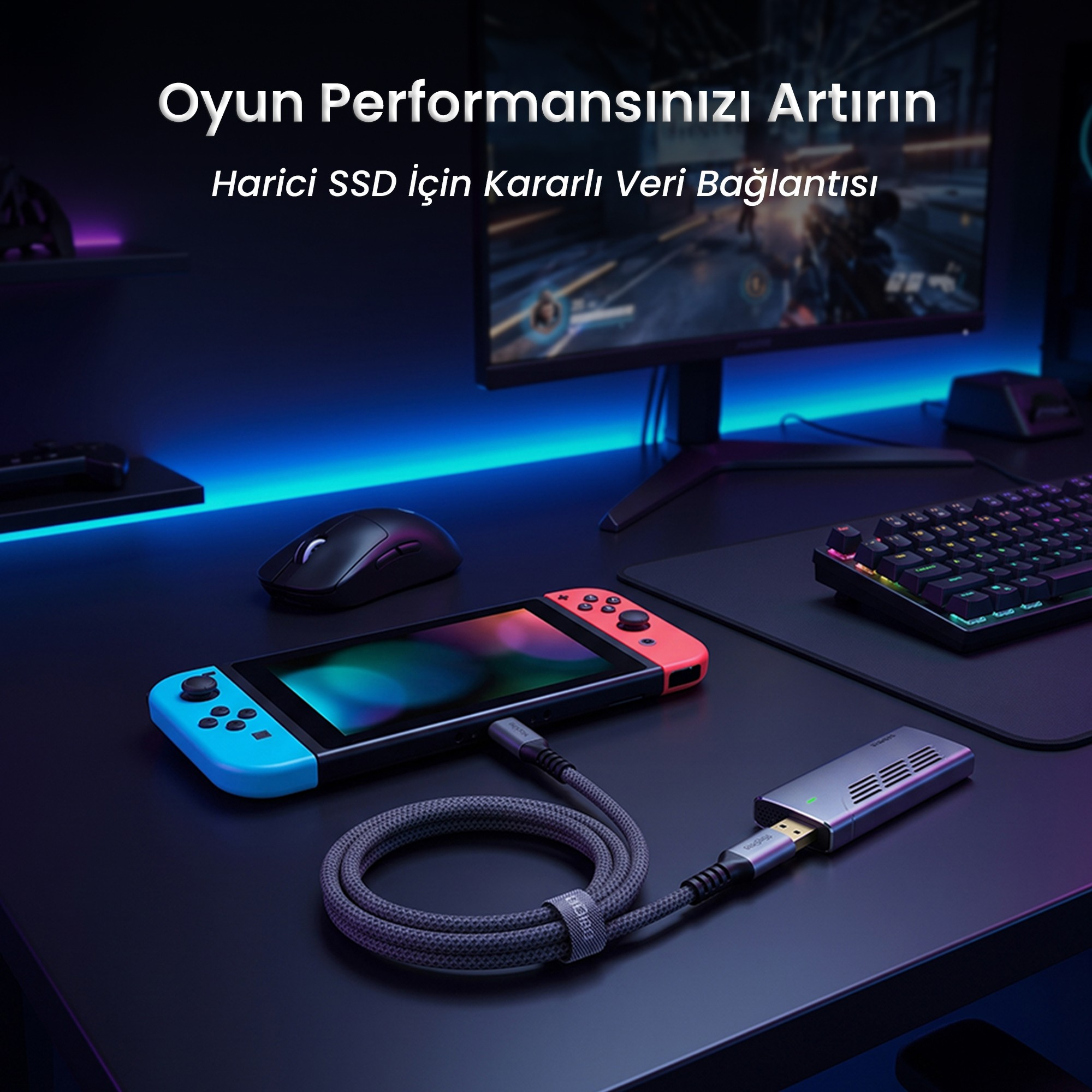 Işıklı bir masada harici bir SSD'ye kabloyla bağlı bir oyun konsolu.
