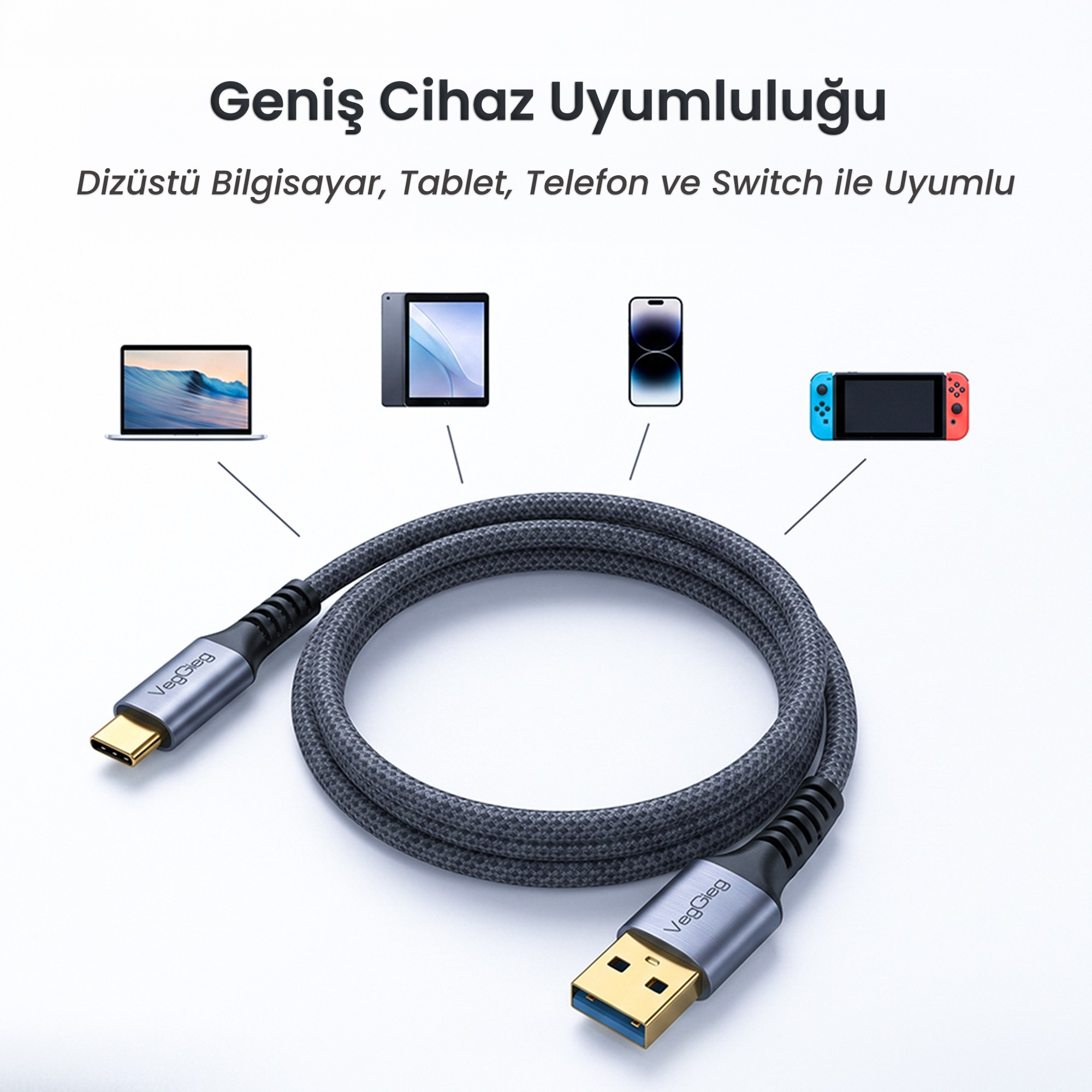 Dizüstü bilgisayar, tablet, telefon ve Switch'e bağlanan Tip-C ve USB-A uçlu gri örgülü USB kablosu.