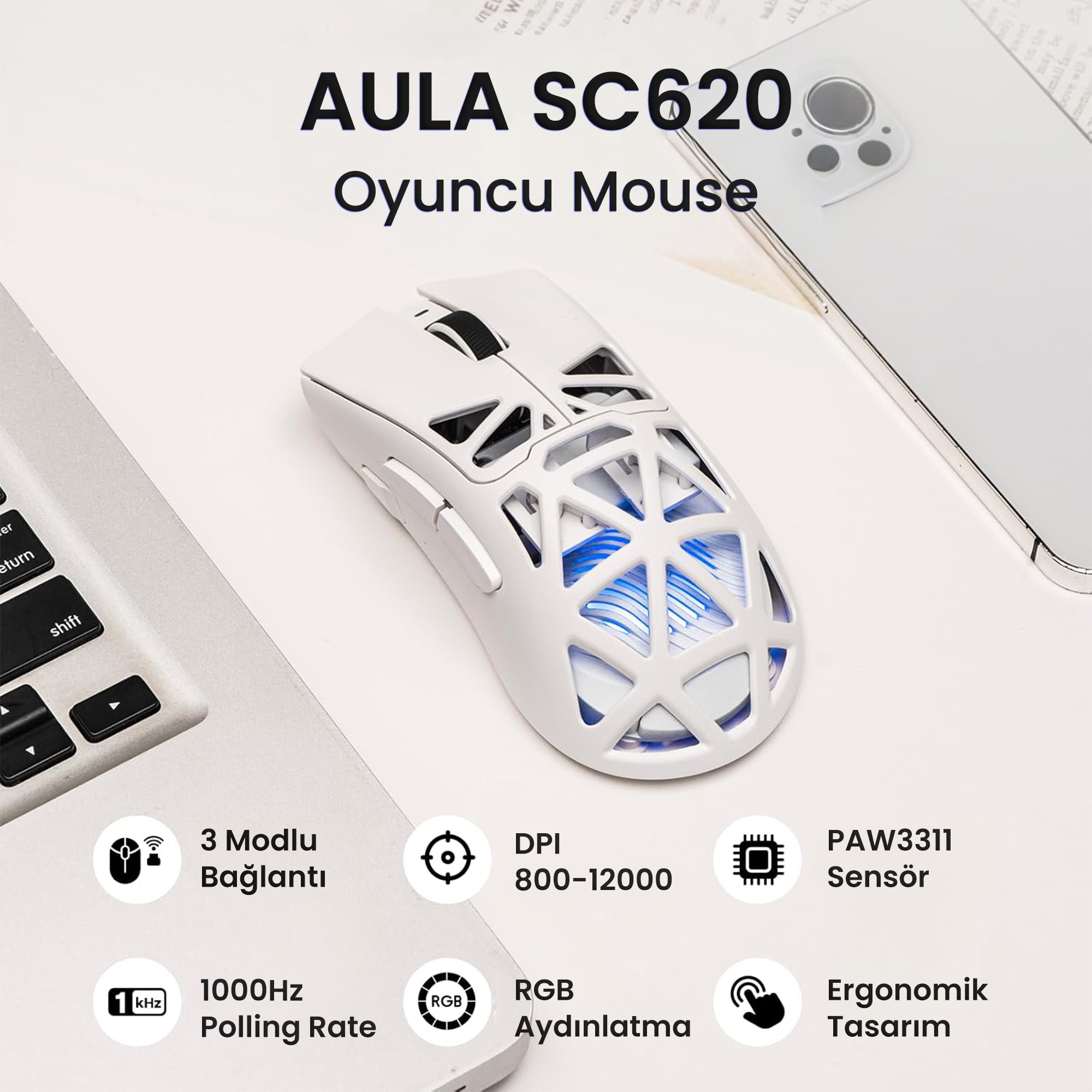 Petek kasalı, mavi ışıklı, klavyeli ve akıllı telefonlu beyaz Aula SC620 oyuncu faresi.