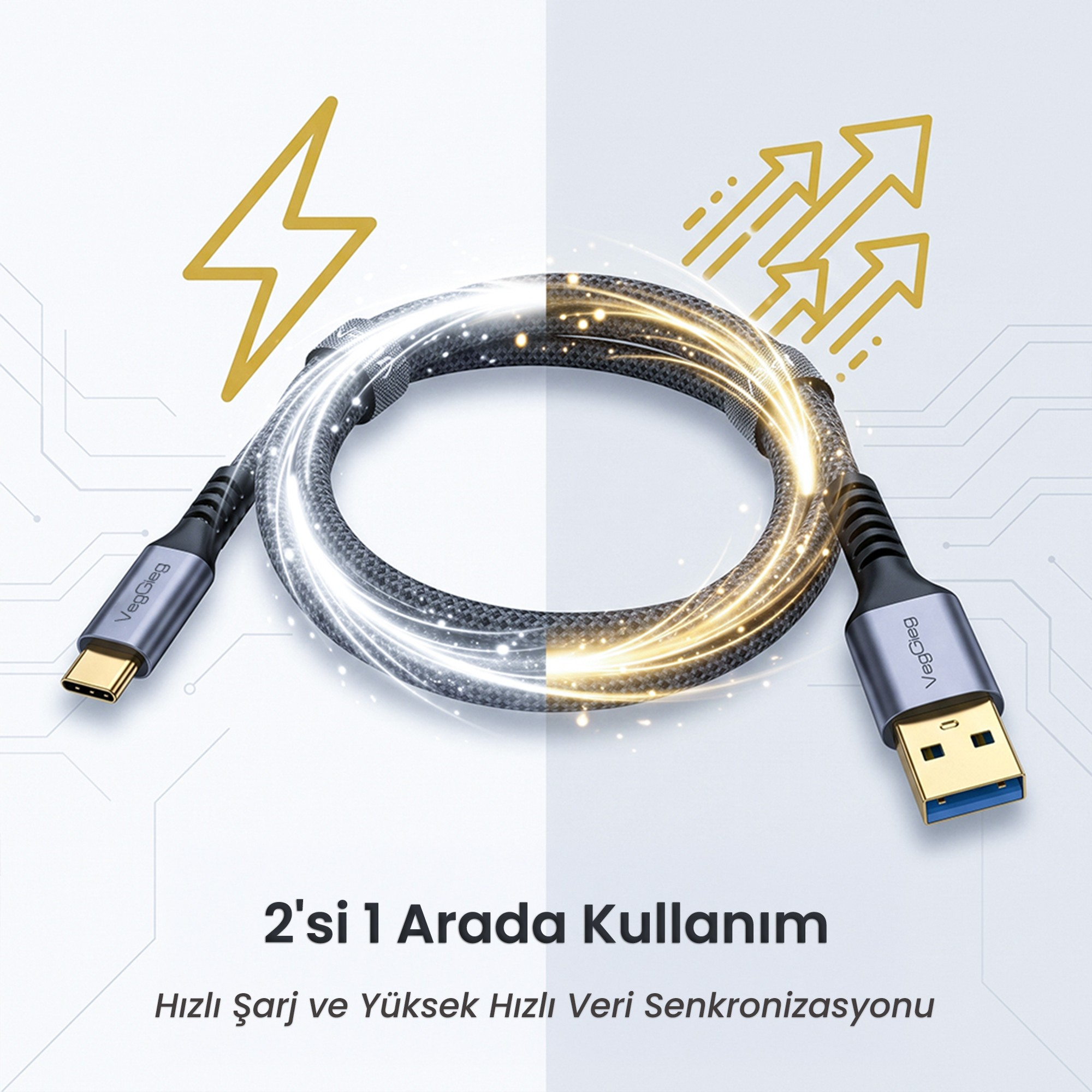 USB-C ve USB-A uçlarına sahip, ışık efektleri ve simgelerle çevrili örgü USB kablosu.