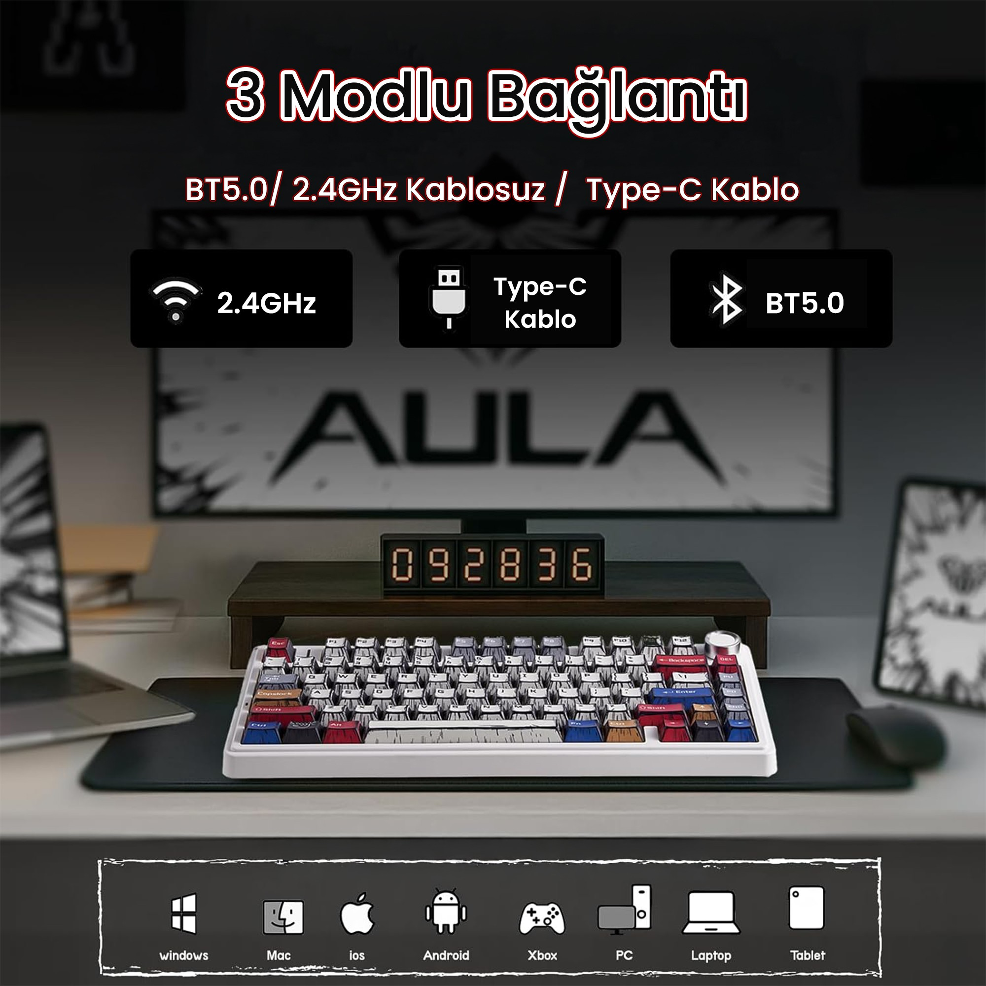 Üç bağlantı moduna sahip beyaz mekanik klavye: BT5.0, 2.4GHz ve Type-C kablosu.
