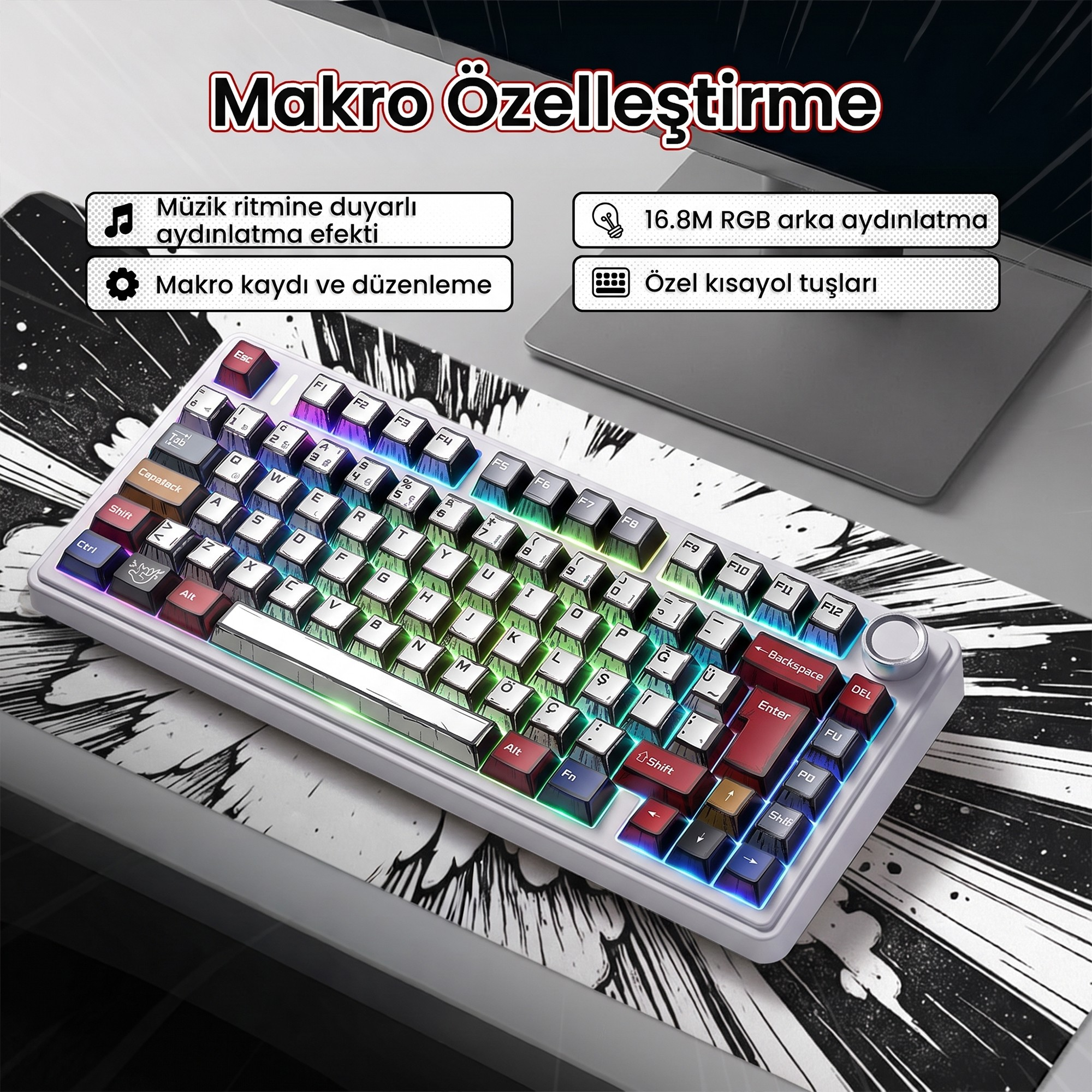 Siyah beyaz mousepad üzerinde RGB arka aydınlatmalı beyaz oyuncu klavyesi.