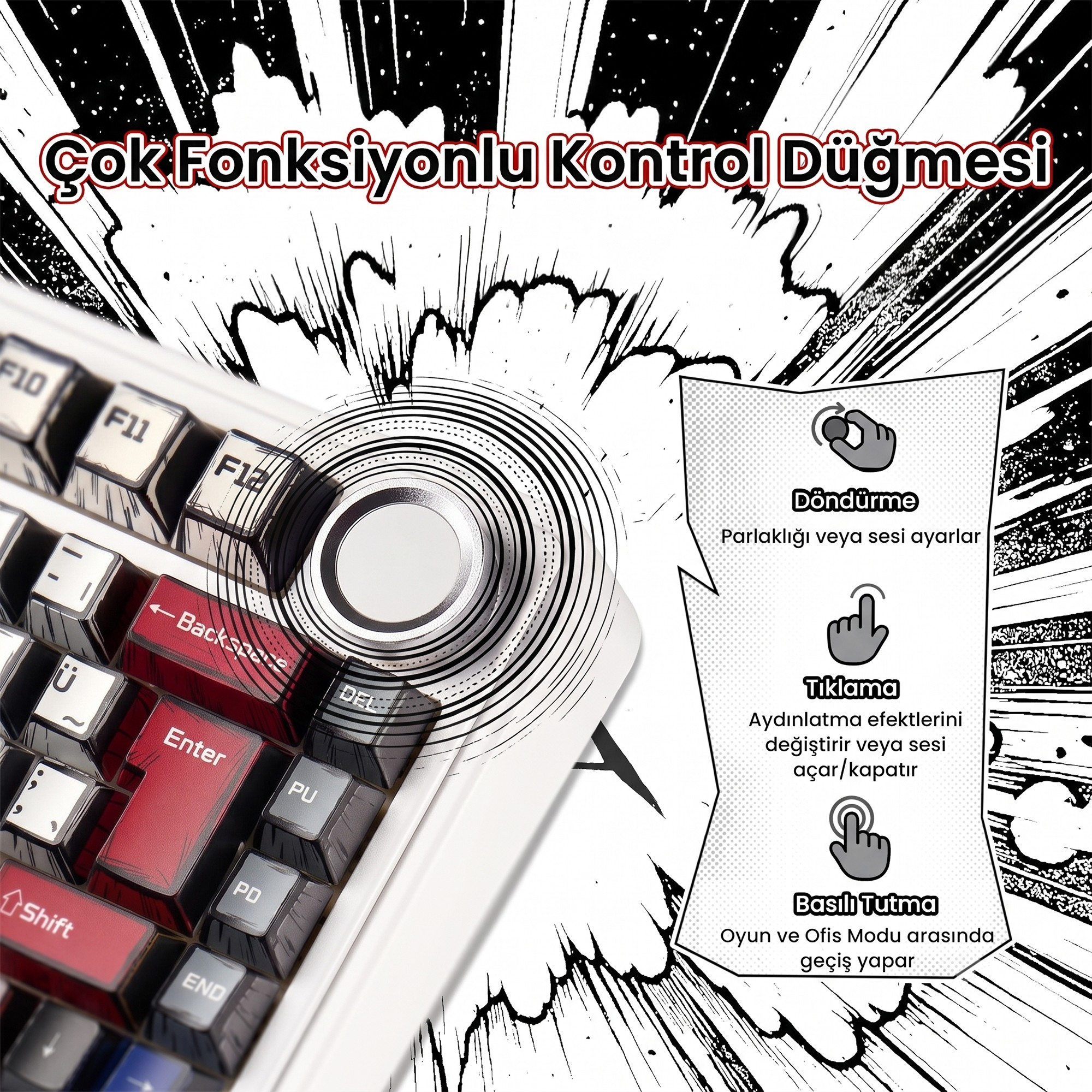 Bir klavye üzerindeki çok fonksiyonlu kontrol düğmesini gösteren çizgi roman grafiği.