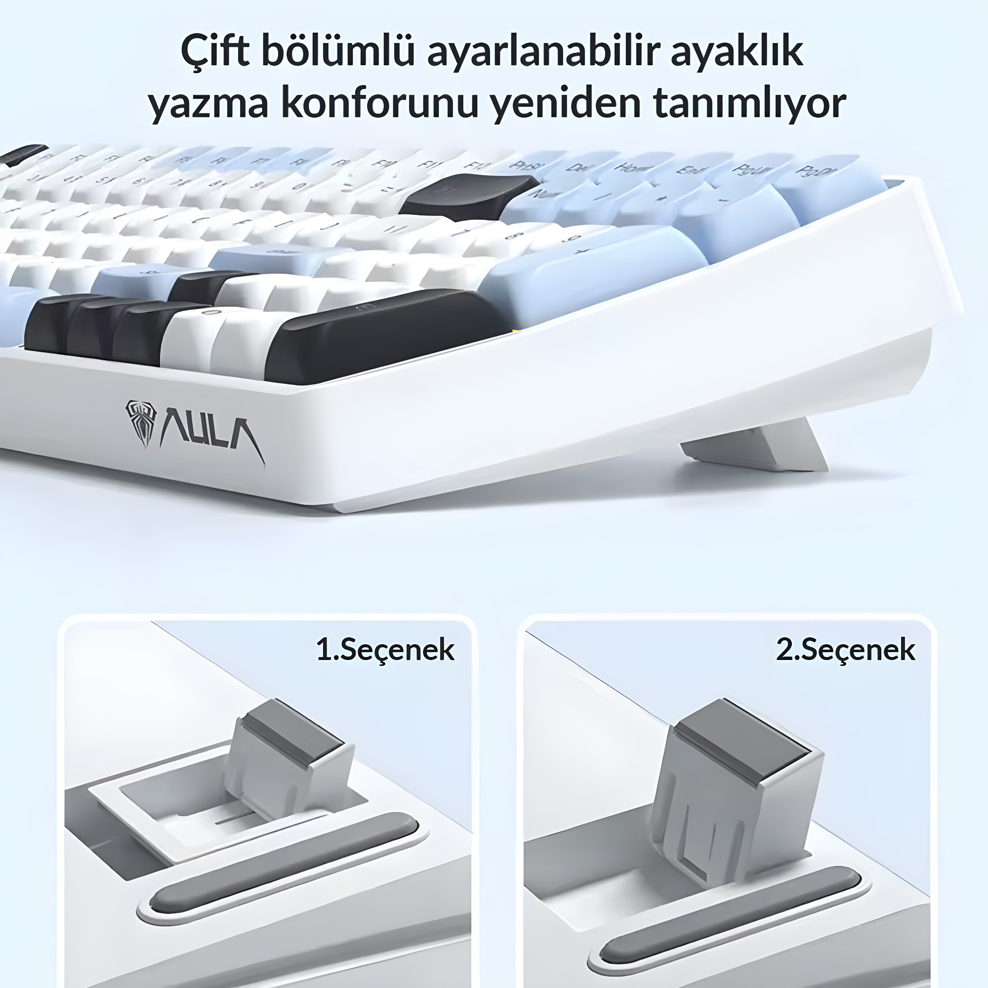 Alt kısmında ayarlanabilir iki kademeli ayakları olan beyaz ve mavi mekanik klavye.