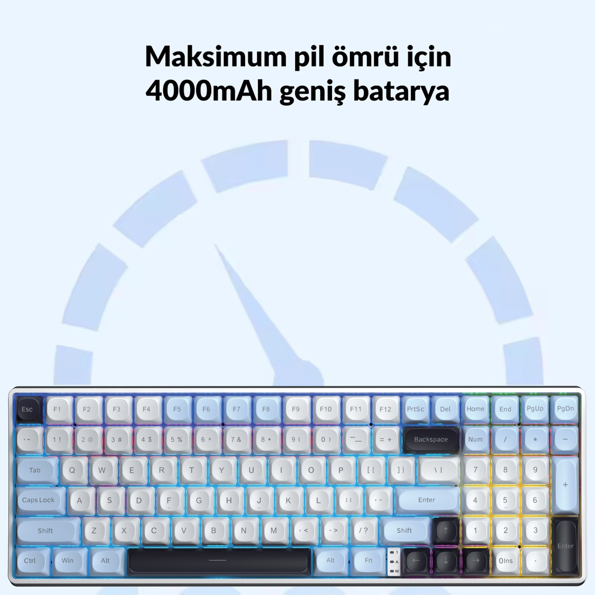 Mavi saat kadranı arkaplanı önünde beyaz ve mavi arkadan aydınlatmalı mekanik klavye.