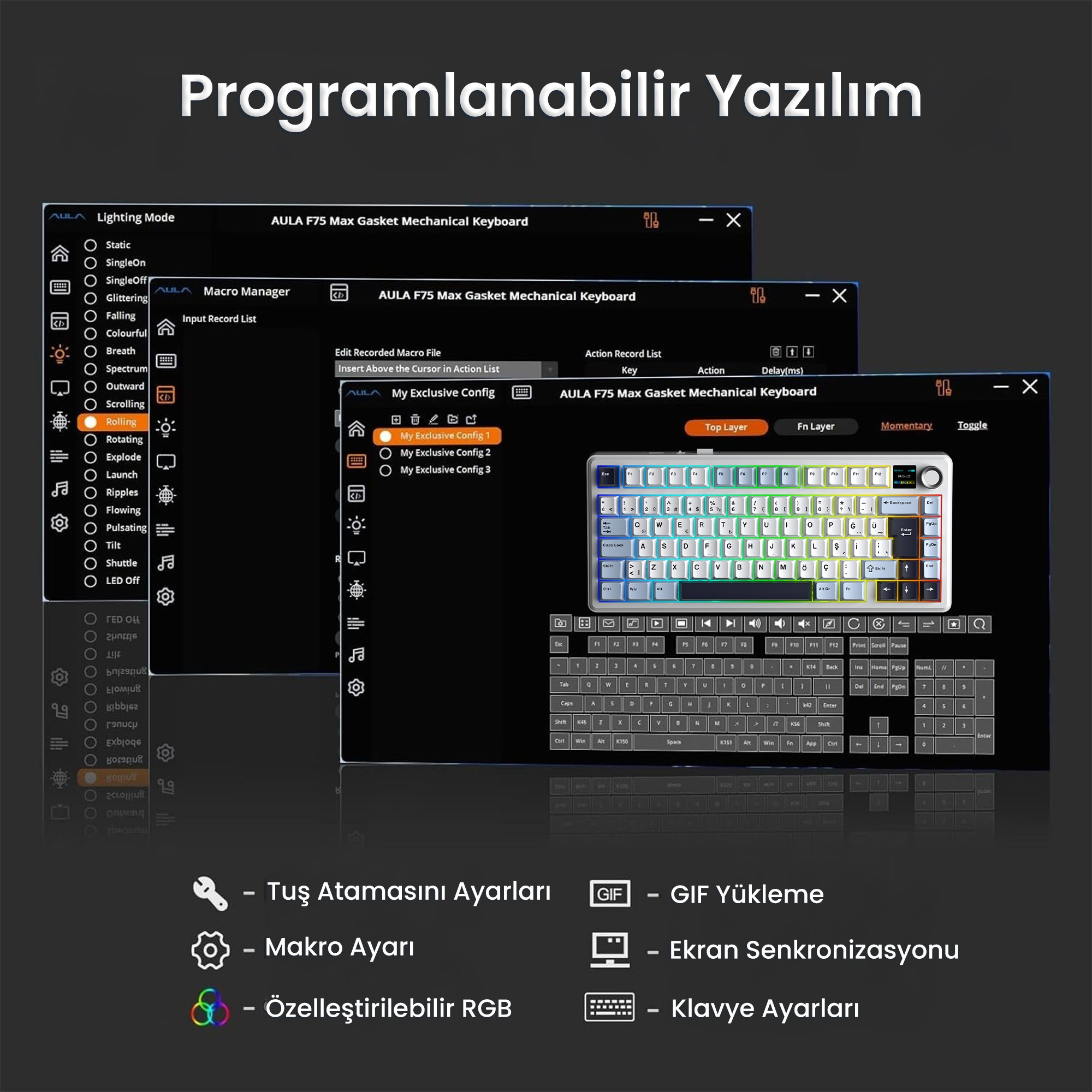 Aydınlatma ve makro seçeneklerini gösteren mekanik klavye programlama yazılımı ekran görüntüsü.
