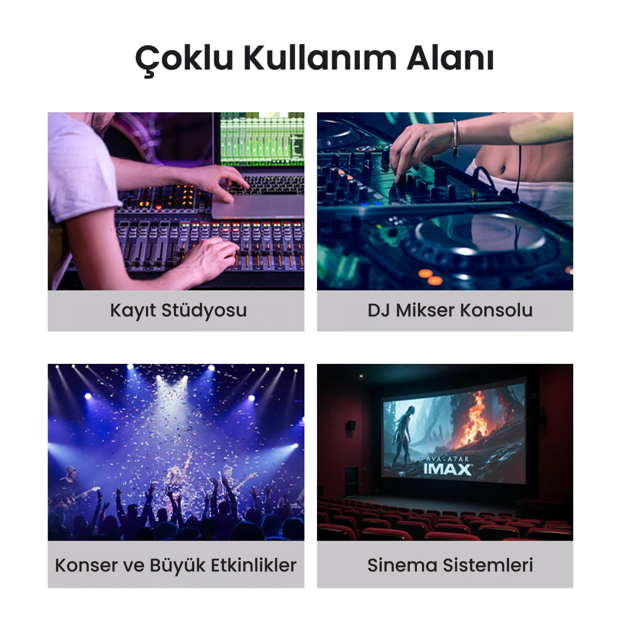 Kayıt stüdyosu, DJ mikseri, konfetili konser ve IMAX sinemasını gösteren dört görsel.
