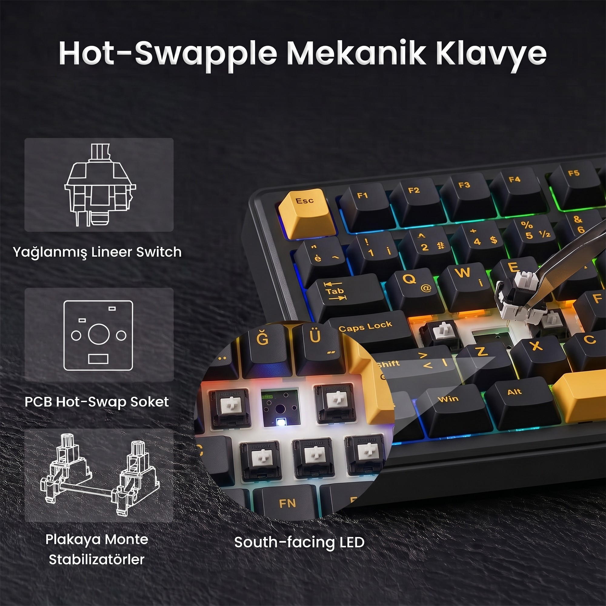 RGB aydınlatmalı ve bir cımbızla anahtar sökülen hot-swap mekanik klavye.