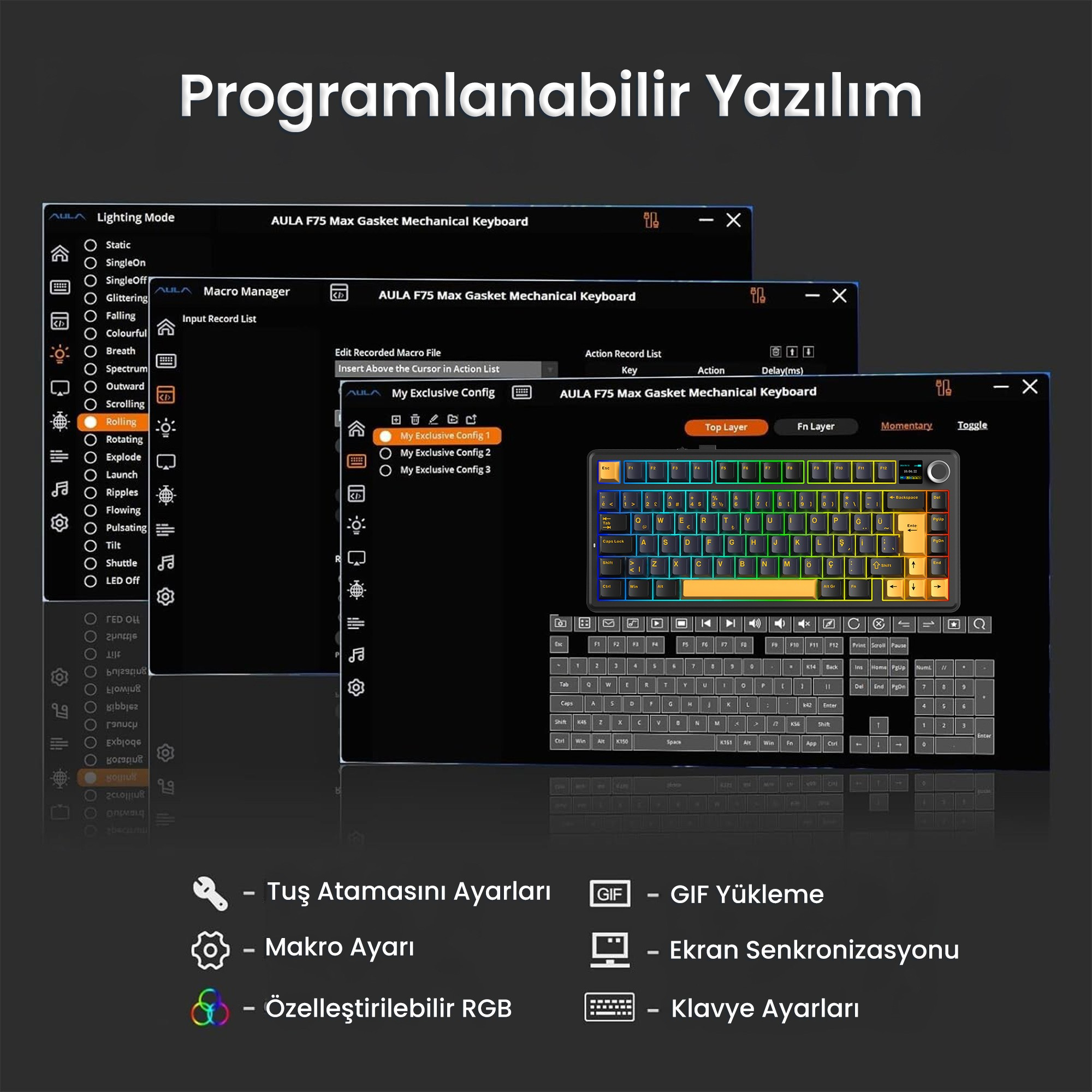 AULA F75 klavye yazılım arayüzü; makro ayarları, aydınlatma modları ve tuş özelleştirme seçeneklerini gösterir.