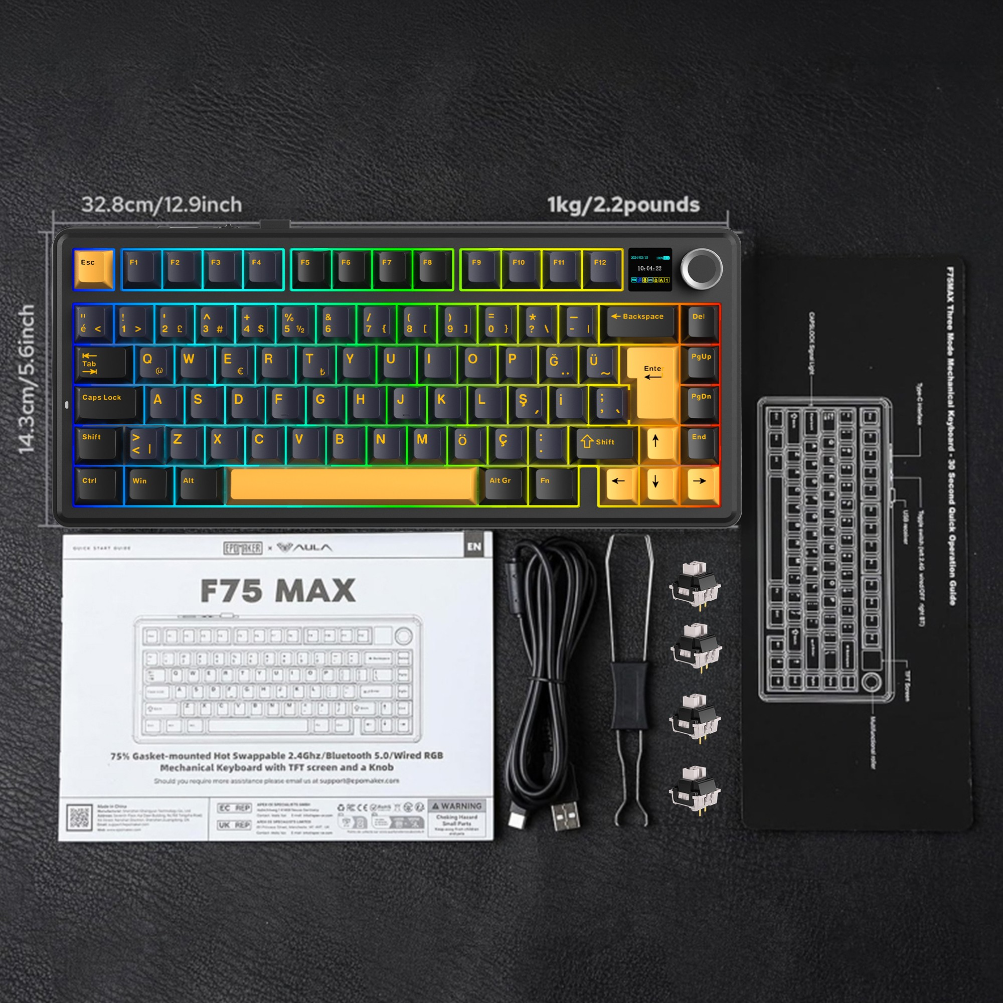 RGB aydınlatmalı, kablolu, anahtarlı ve kılavuzlu F75 Max mekanik klavye.