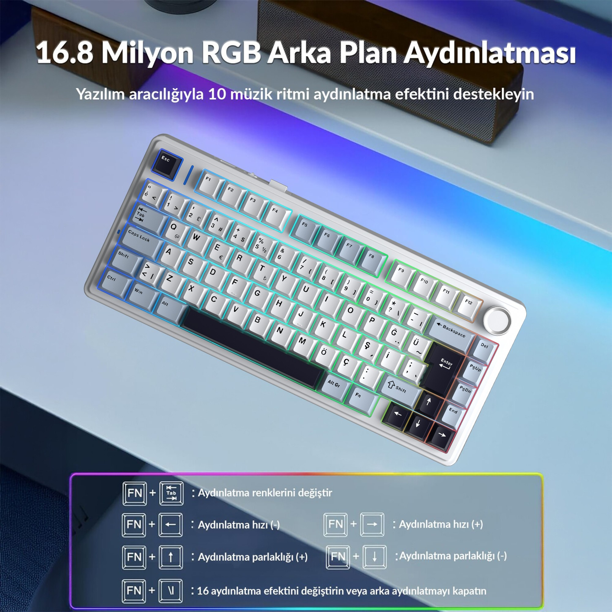 Masada RGB aydınlatmalı ve Türkçe tuş dizilimine sahip beyaz kompakt klavye.