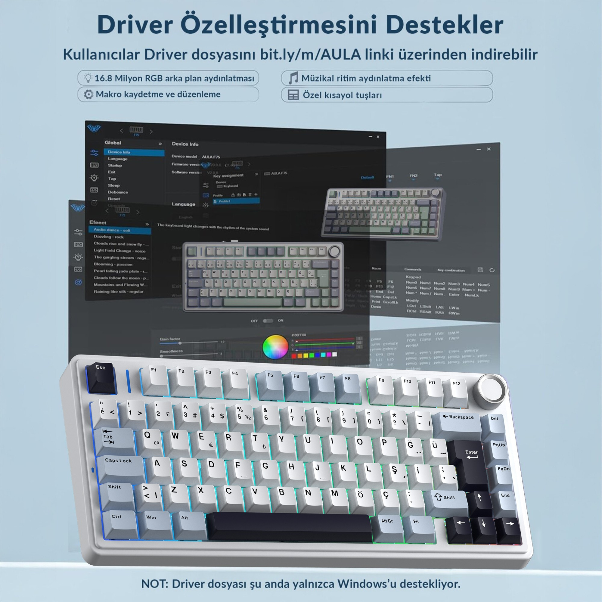Özelleştirme seçeneklerini gösteren yazılım arayüzü ve RGB klavye.