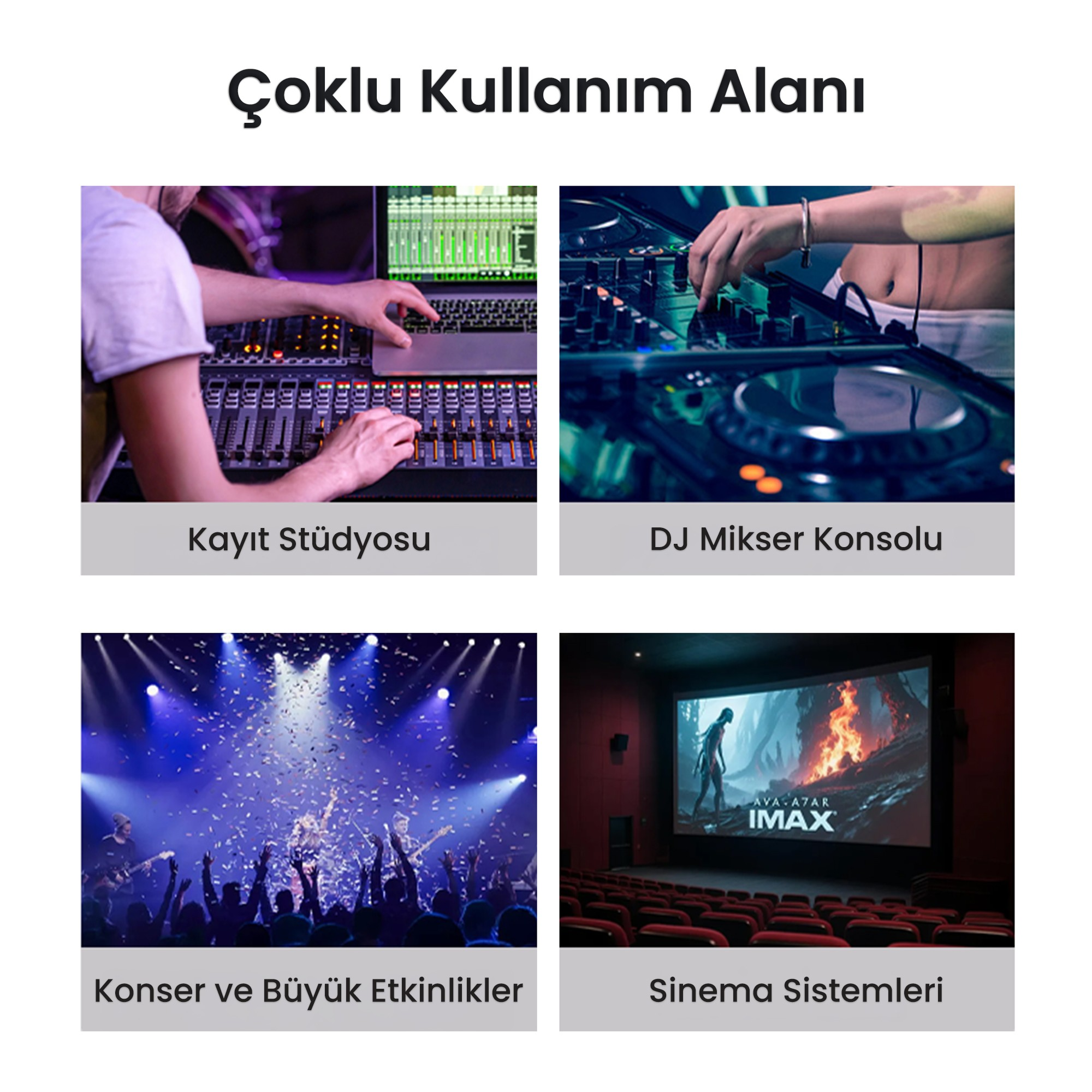 Kayıt stüdyosu, DJ mikseri, konfettili konser ve sinema salonunu gösteren dört görsel.