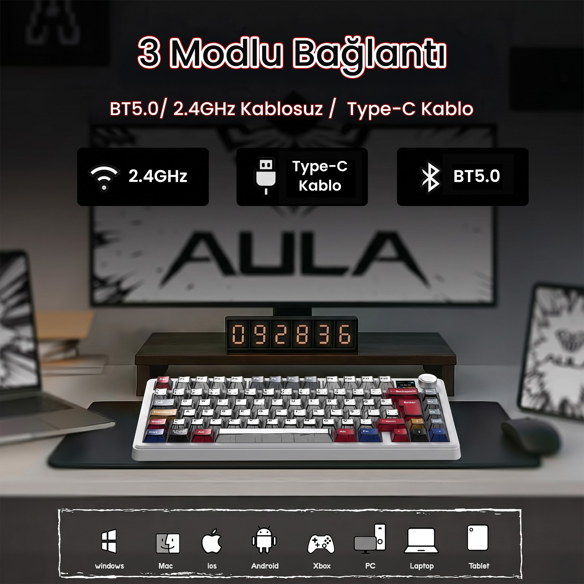 BT5.0, 2.4GHz Kablosuz ve Type-C Kablo olmak üzere 3 modlu bağlantıya sahip mekanik klavye.