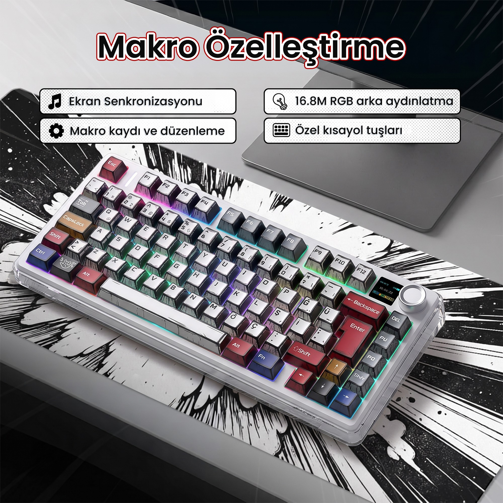 Siyah beyaz mousepad üzerinde RGB aydınlatmalı mekanik oyuncu klavyesi.
