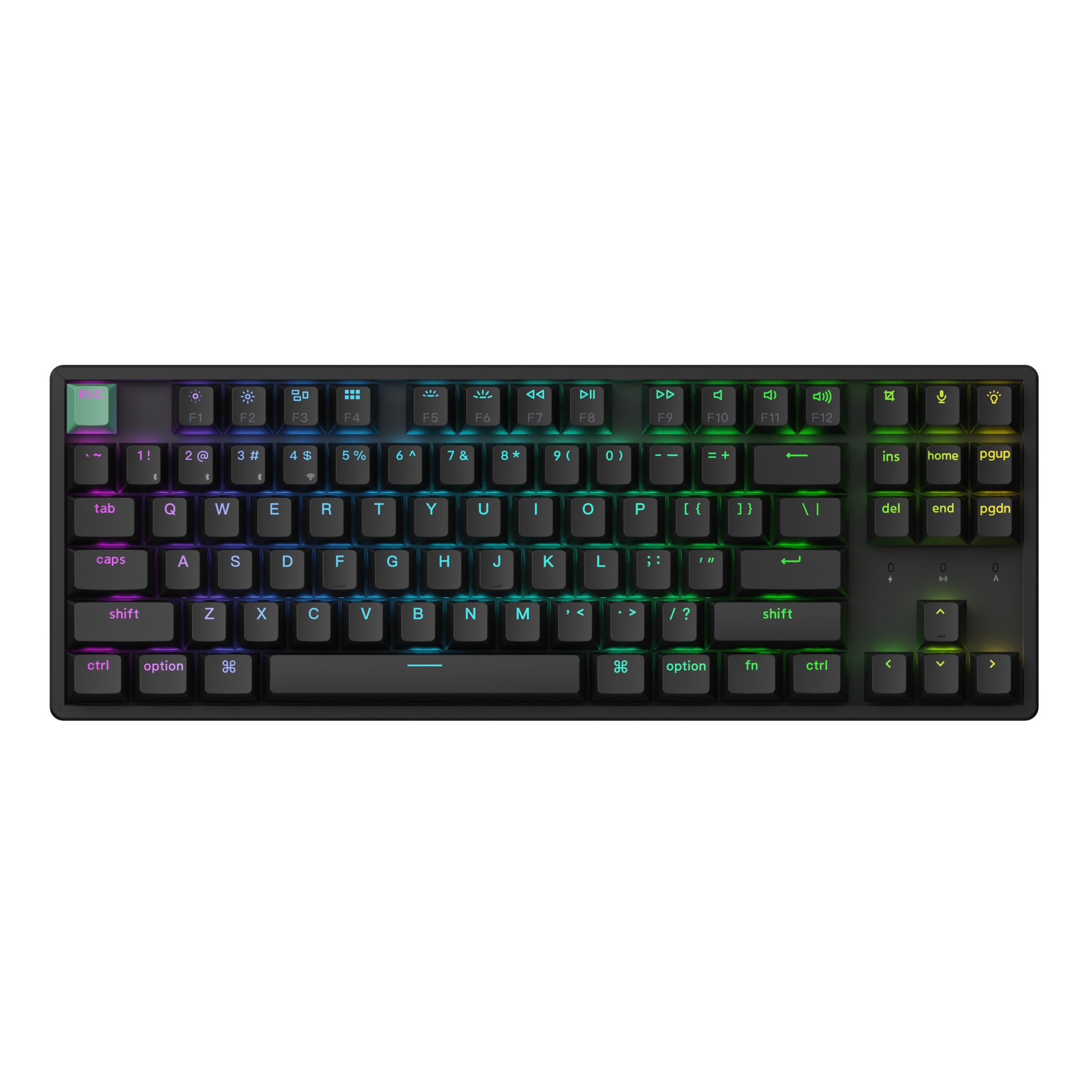 Czarna klawiatura mechaniczna z wielokolorowym podświetleniem i kompaktowym układem QWERTY na jasnym tle.