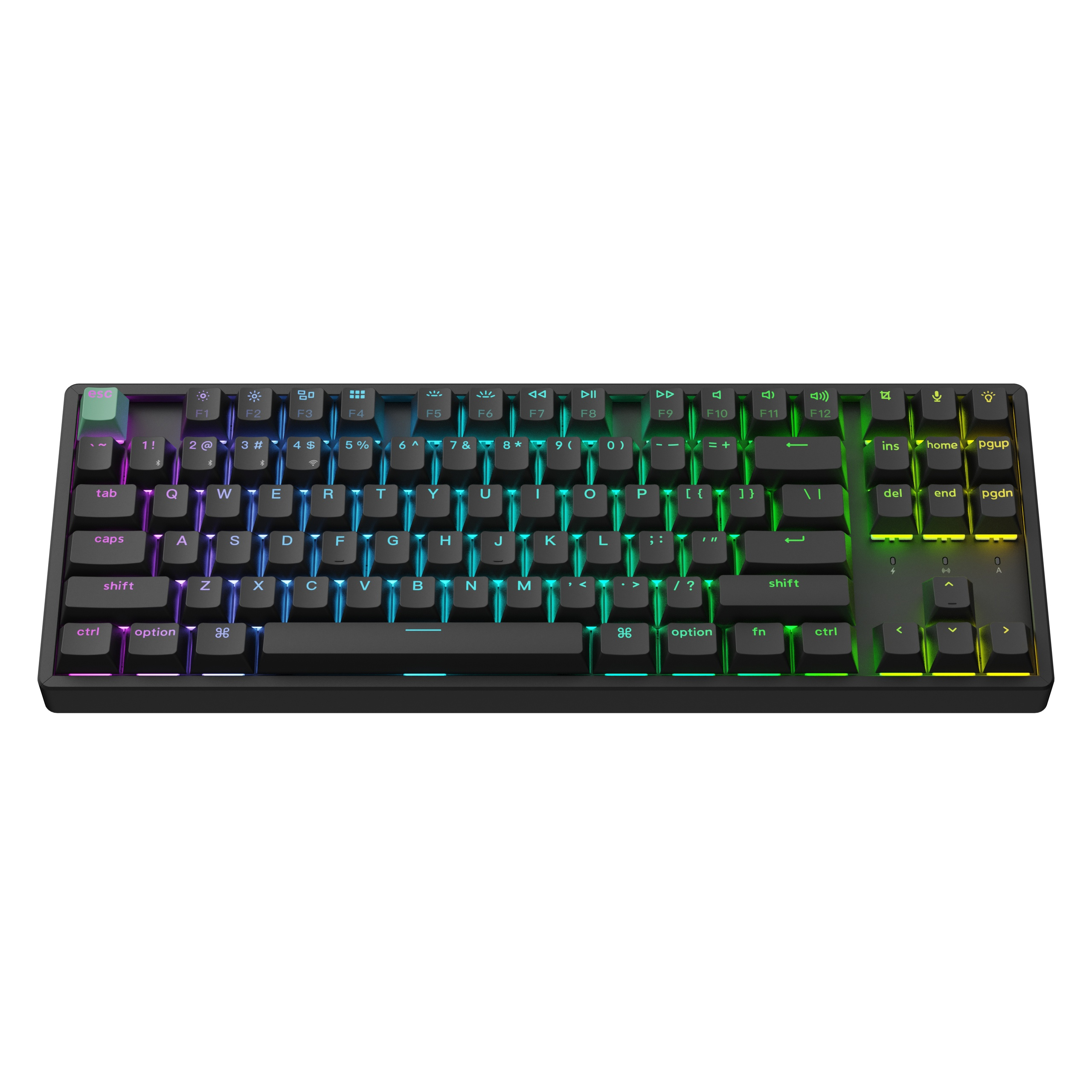 Czarna klawiatura mechaniczna z żywym podświetleniem RGB na białym tle.