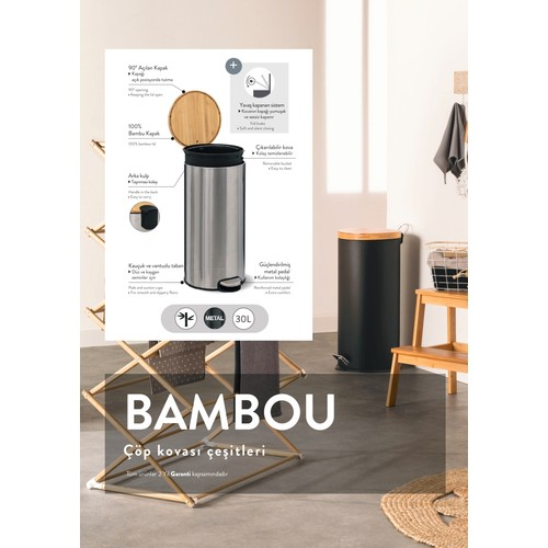 Bambu kapaklı paslanmaz çelik pedal çöp kovasını ve özelliklerini gösteren afiş.