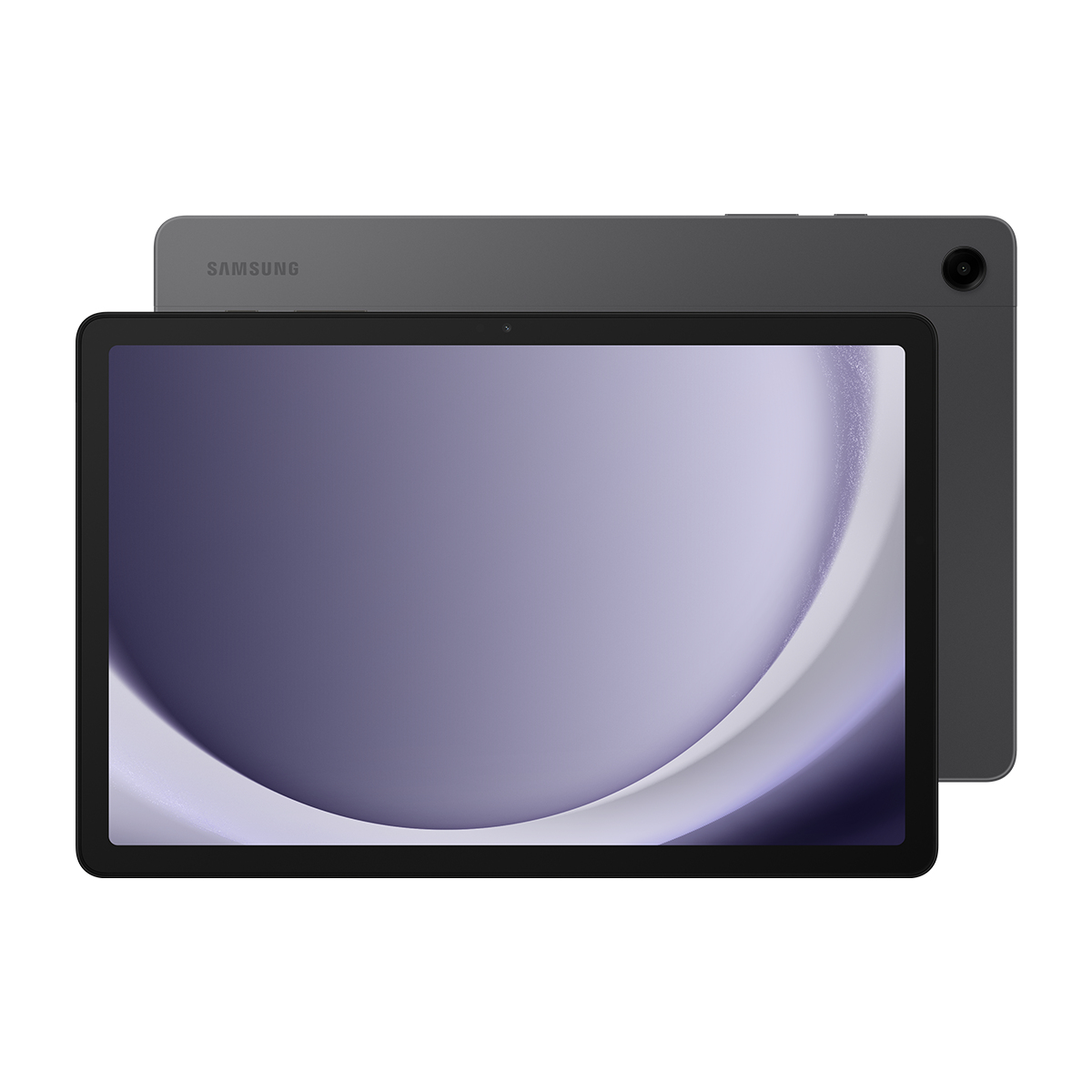 Gri renkli Samsung tablet ön ekranı ve kamera ile logosu olan arka kısmıyla gösteriliyor.