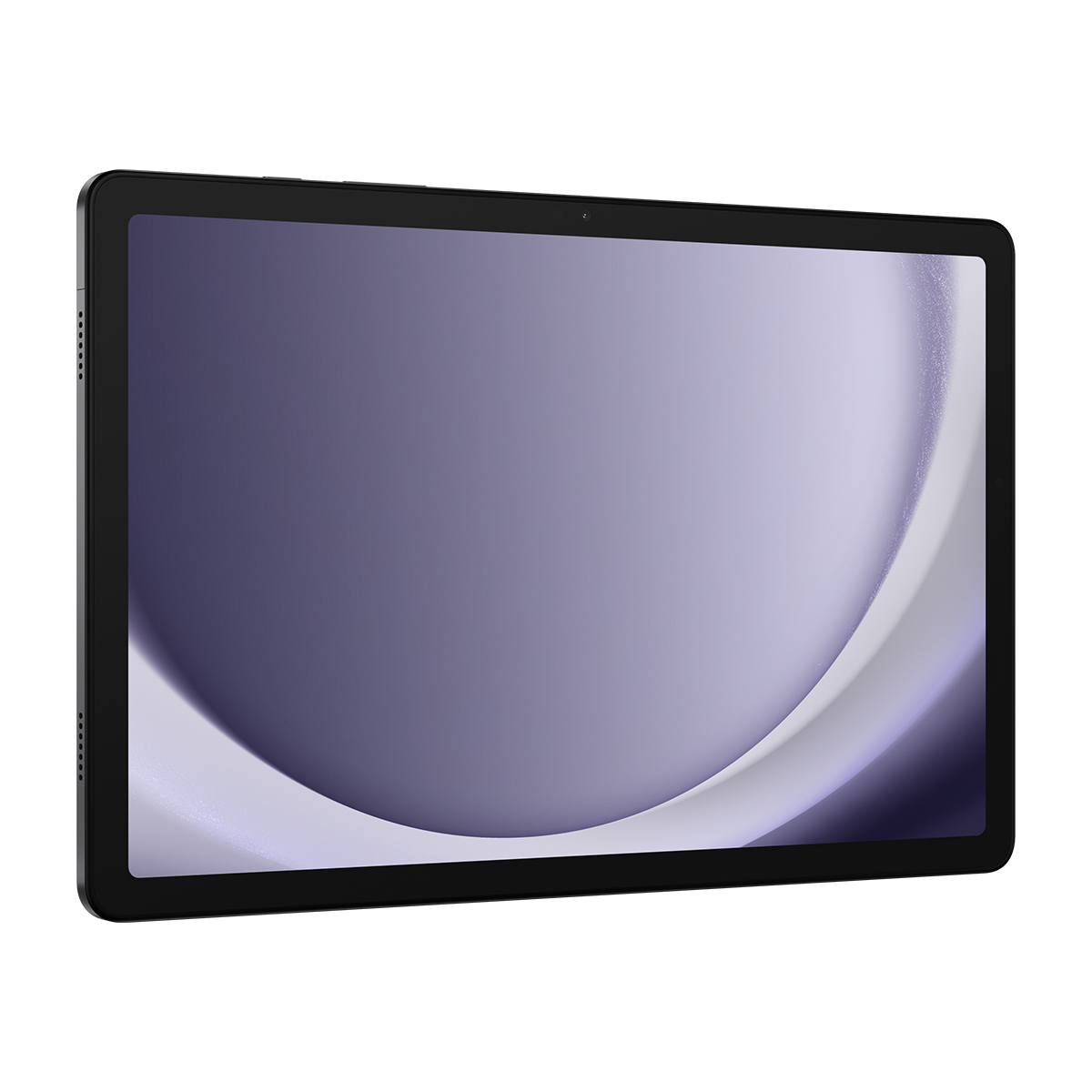 Beyaz arka plan üzerinde mor ve beyaz soyut duvar kağıdına sahip siyah bir tablet.